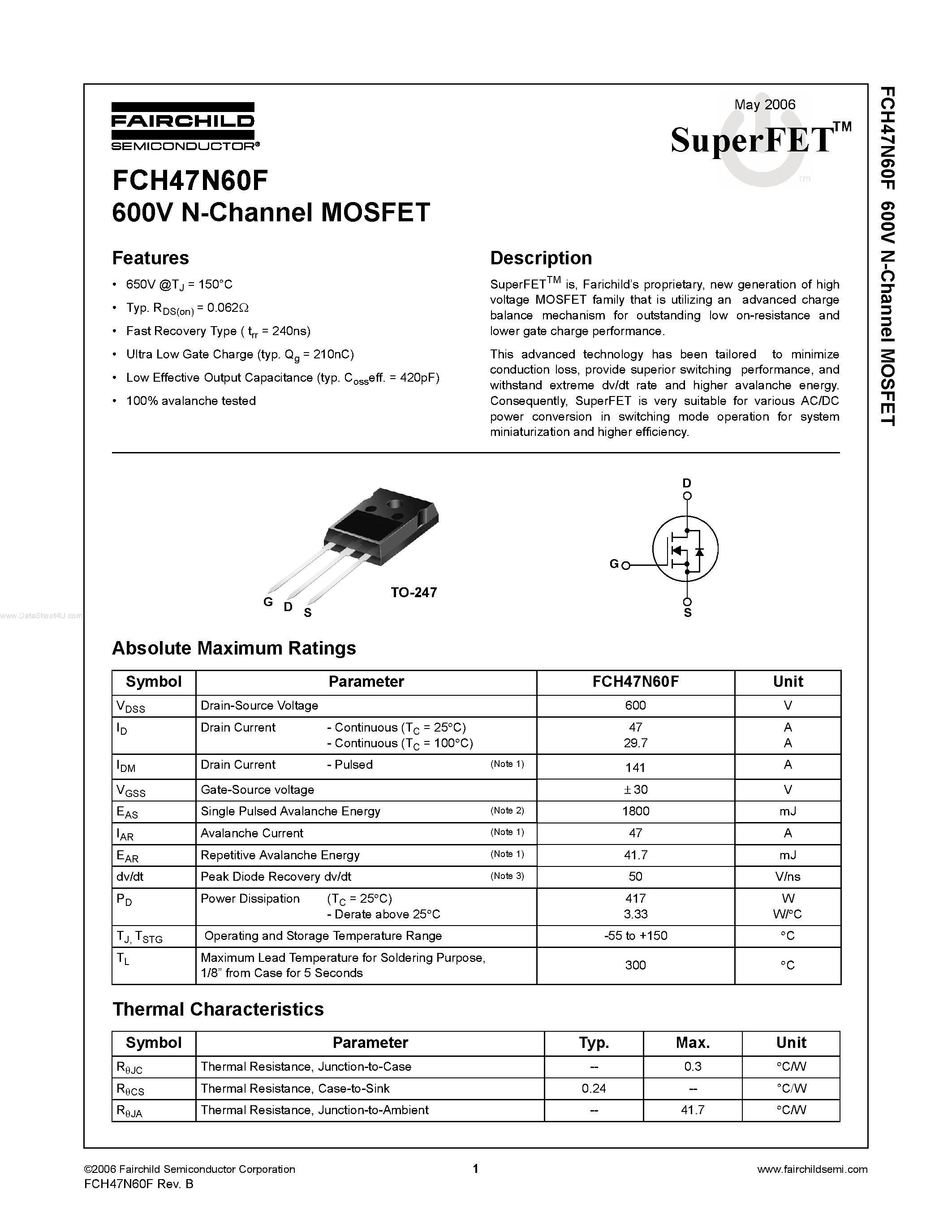 Datasheet FCH47N60F - 600V N-Channel MOSFET page 1