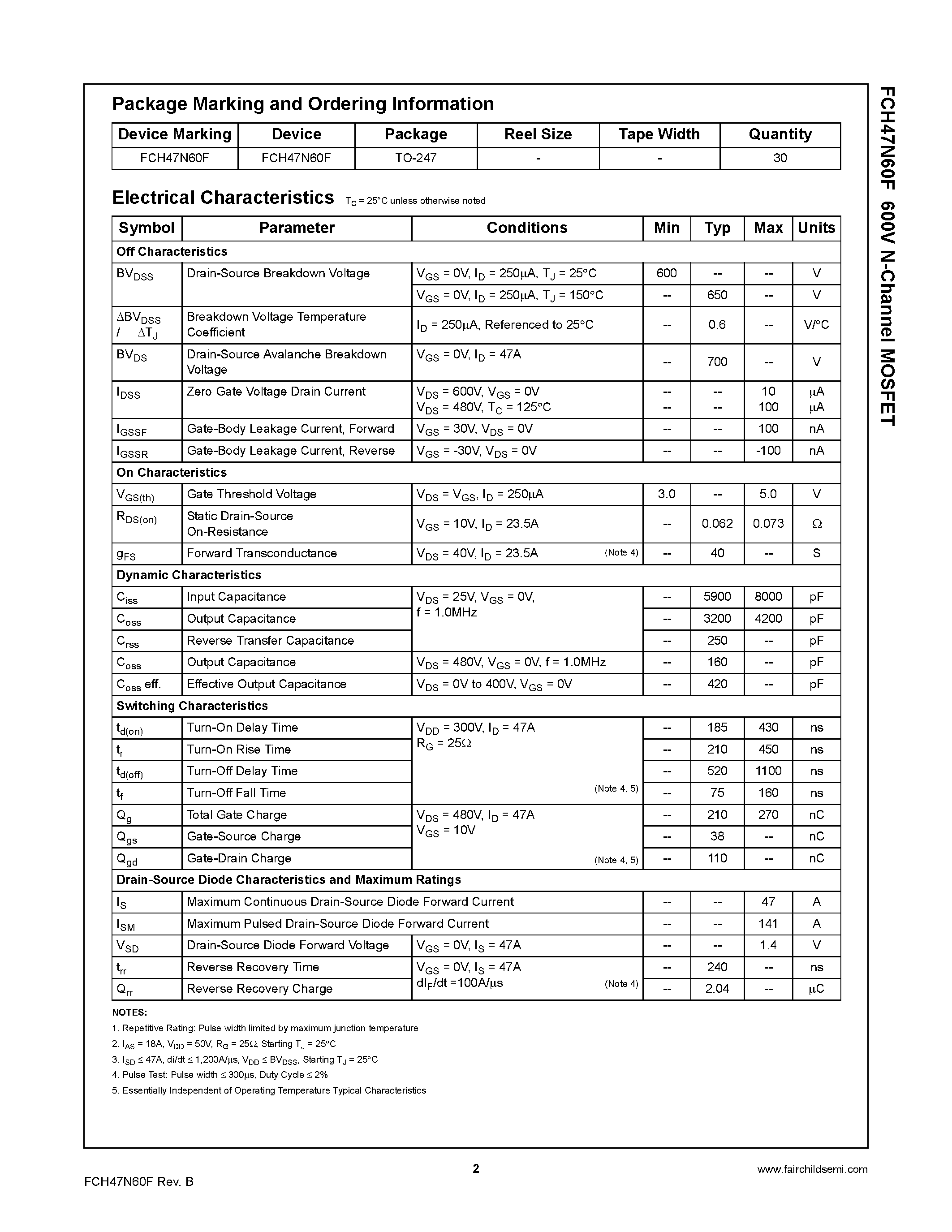 Datasheet FCH47N60F - 600V N-Channel MOSFET page 2