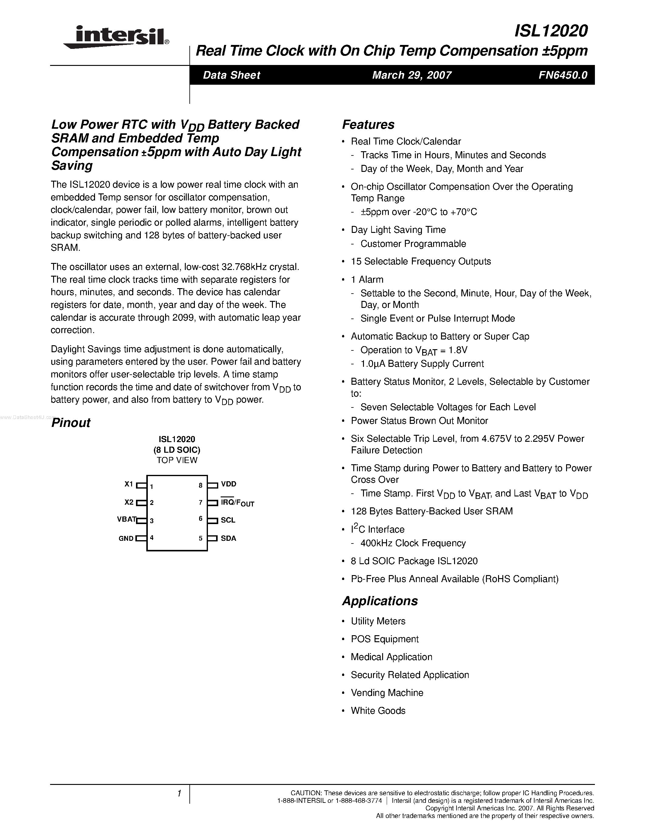 Даташит ISL12020 - Low Power RTC страница 1