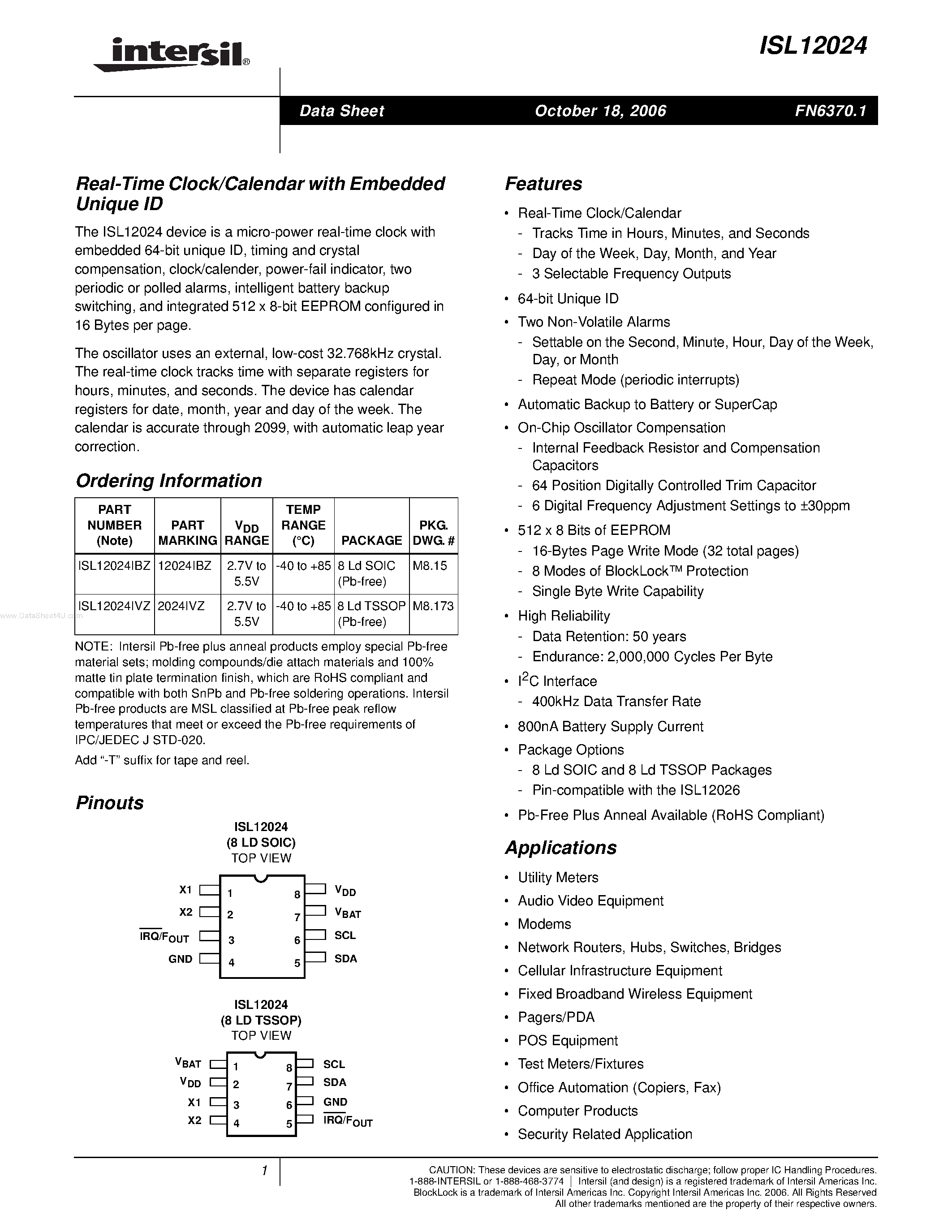 Datasheet ISL12024 page 1 Datasheet ISL12024 - Real-Time Clock/Calendar page 1