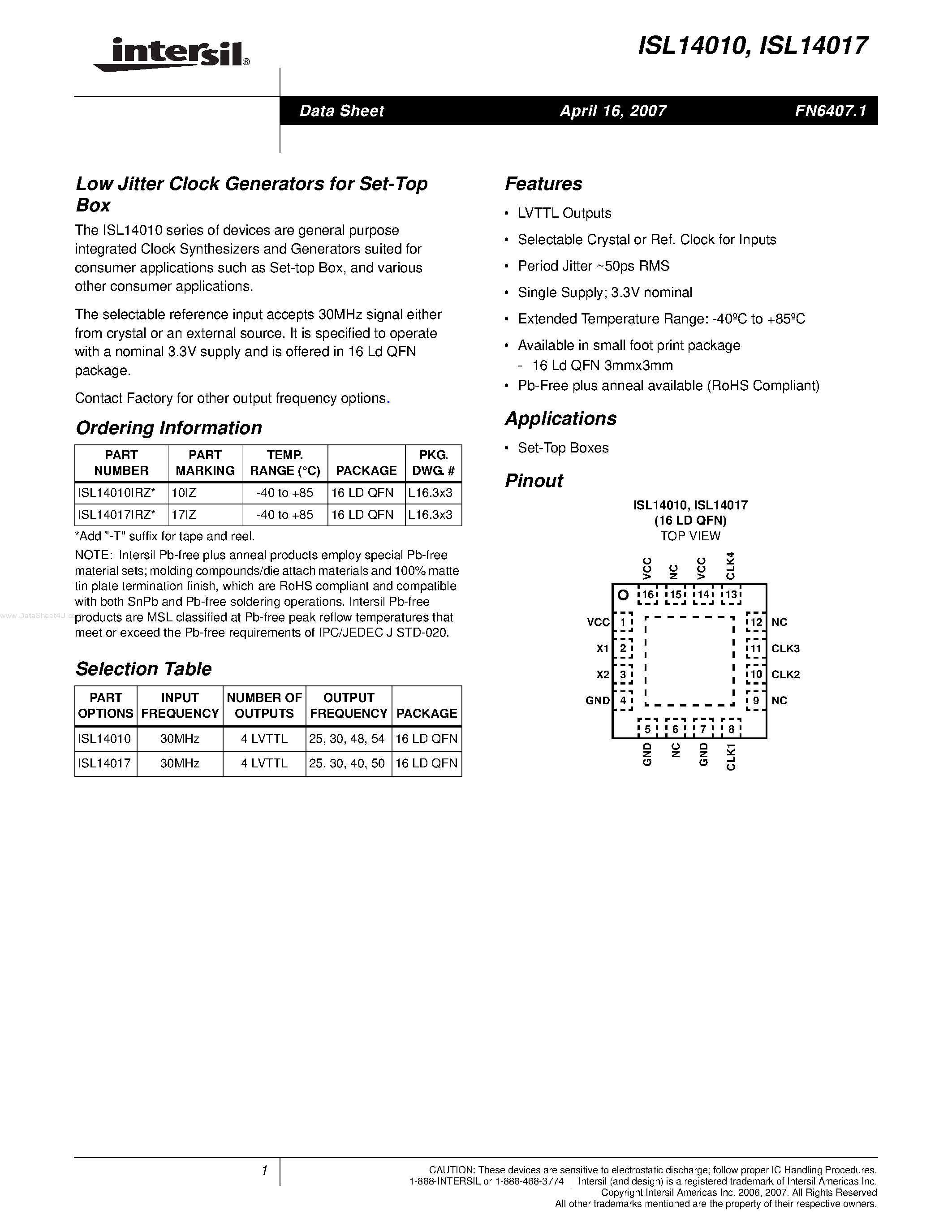 Datasheet ISL14010 page 1 Datasheet ISL14010 - (ISL14010 / ISL14017) Low Jitter Clock Generators page 1