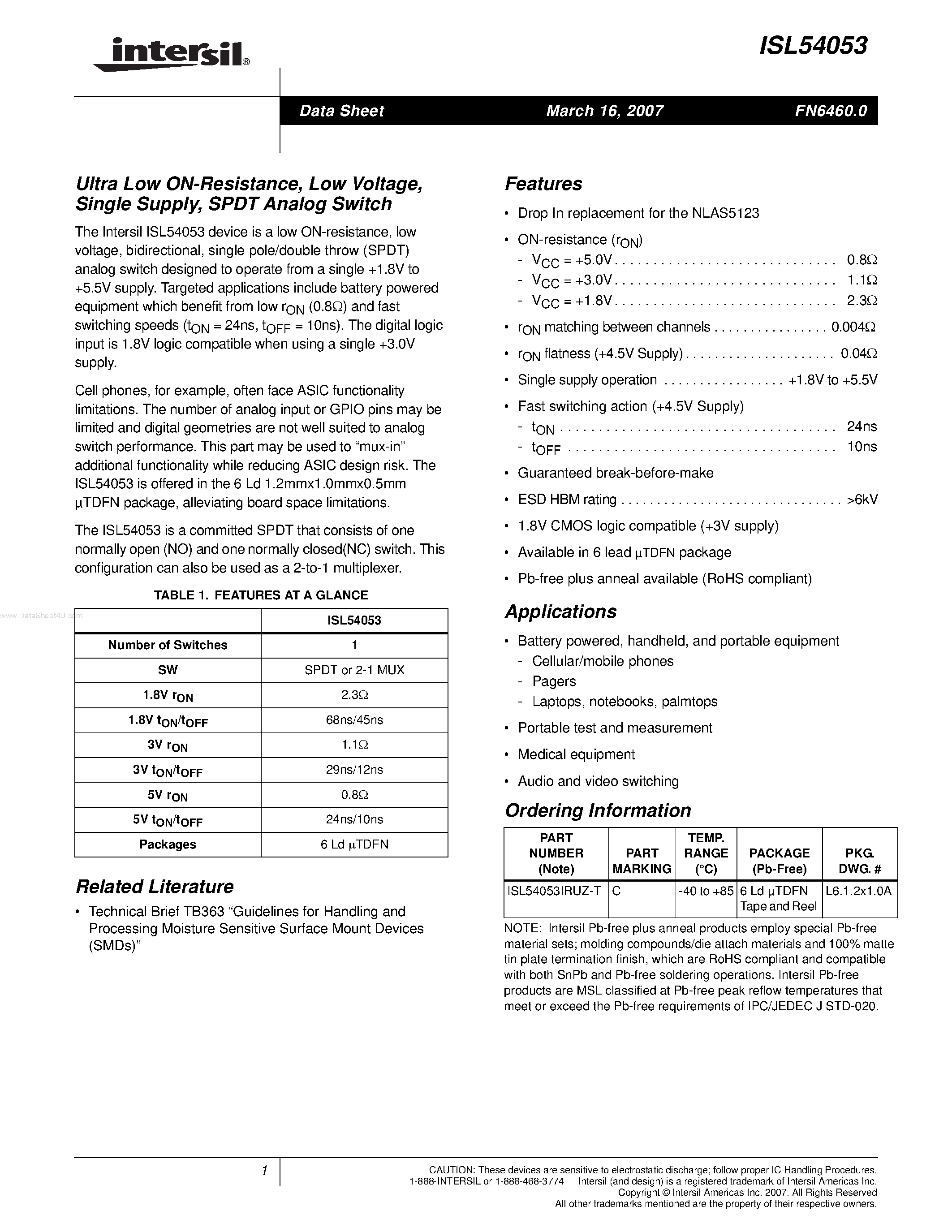 Datasheet ISL54053 - SPDT Analog Switch page 1