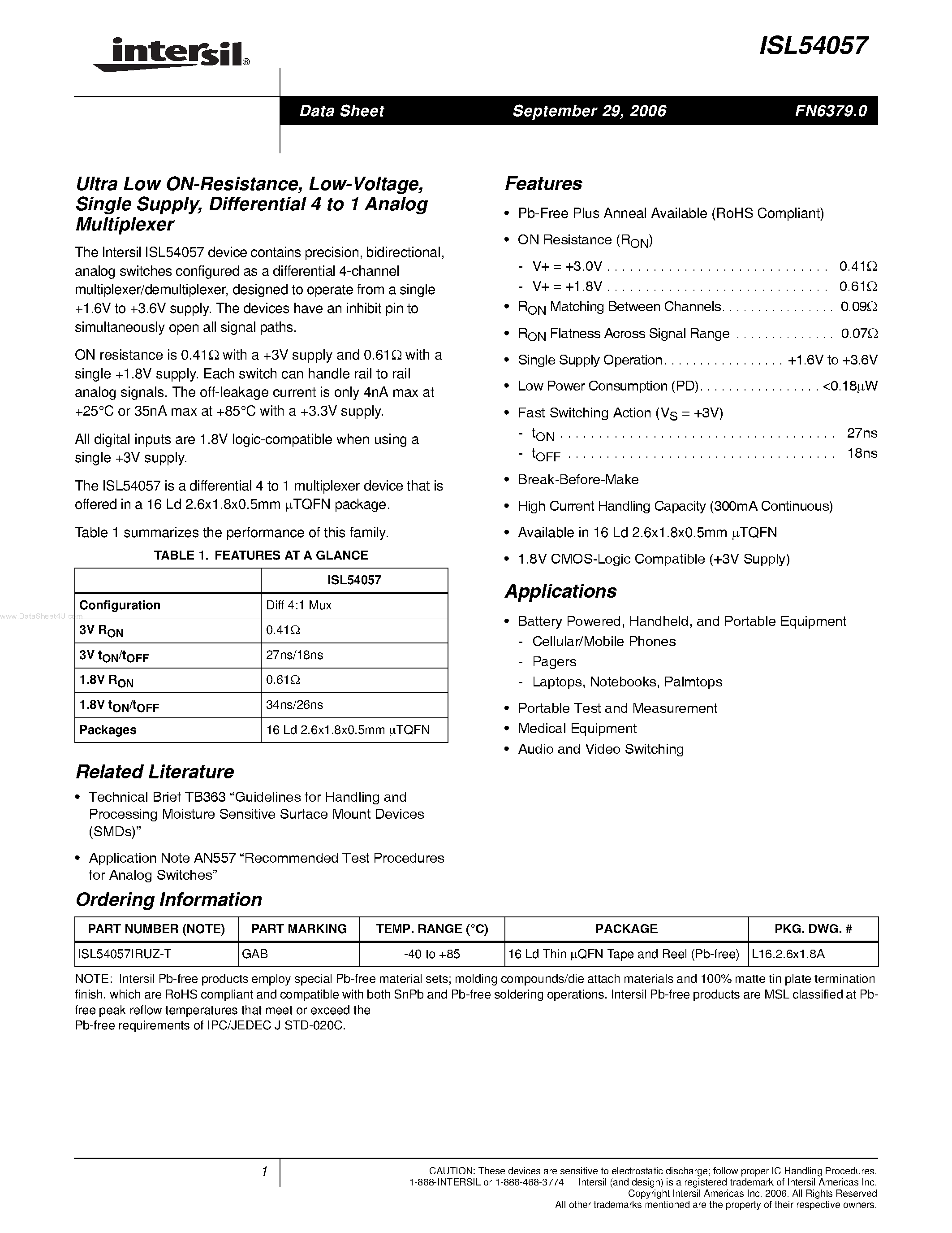 Даташит ISL54057 - Differential 4 to 1 Analog Multiplexer страница 1