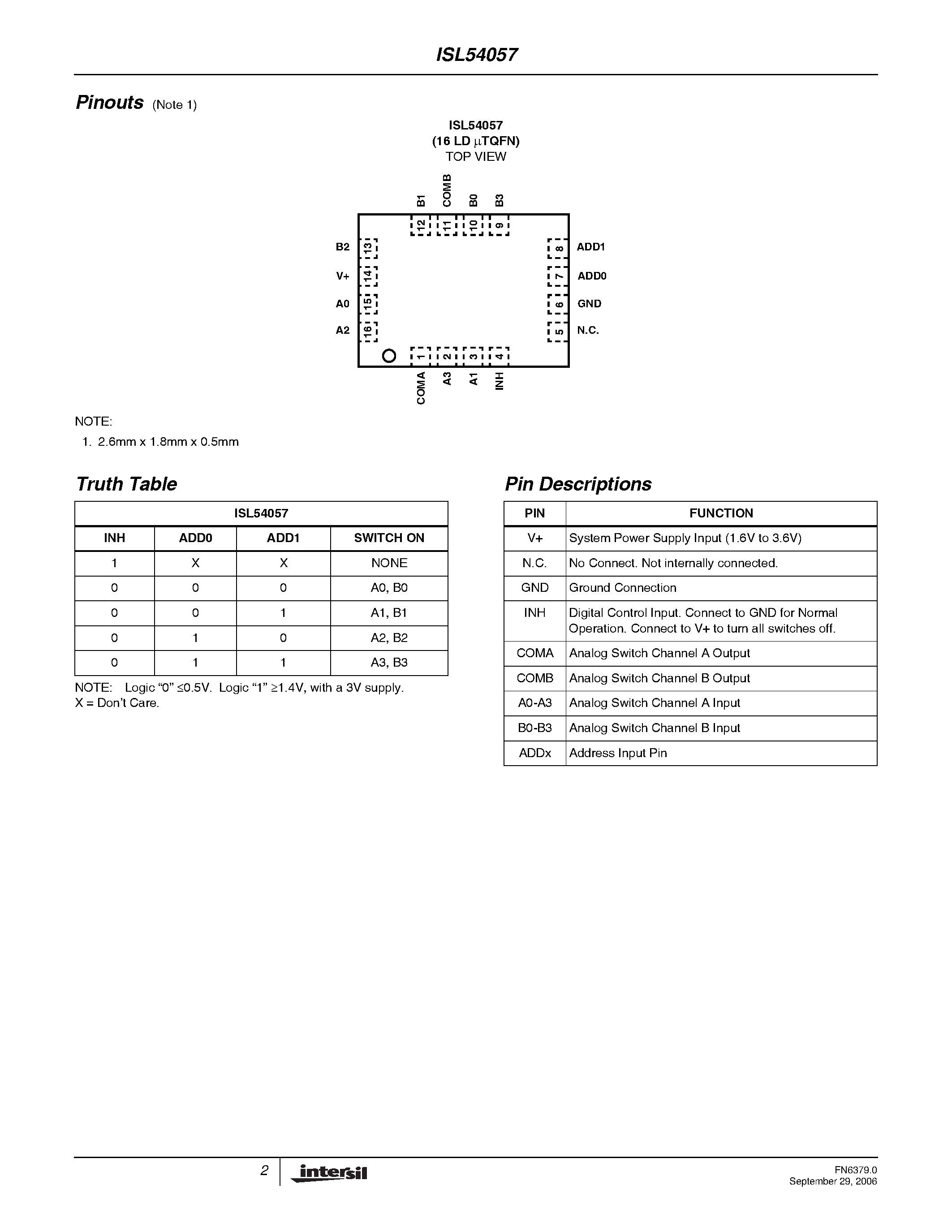 Даташит ISL54057 - Differential 4 to 1 Analog Multiplexer страница 2