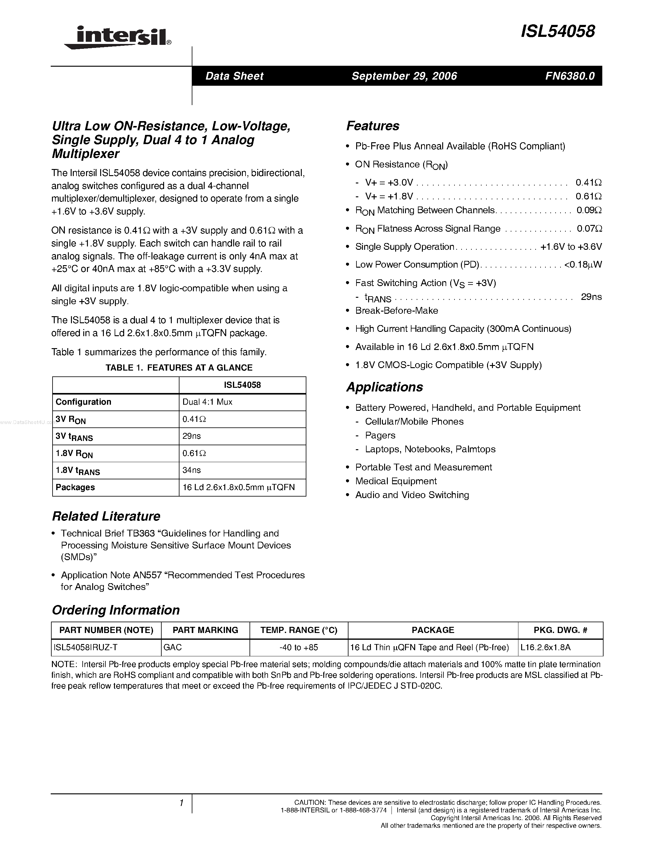 Даташит ISL54058 - Dual 4 to 1 Analog Multiplexer страница 1