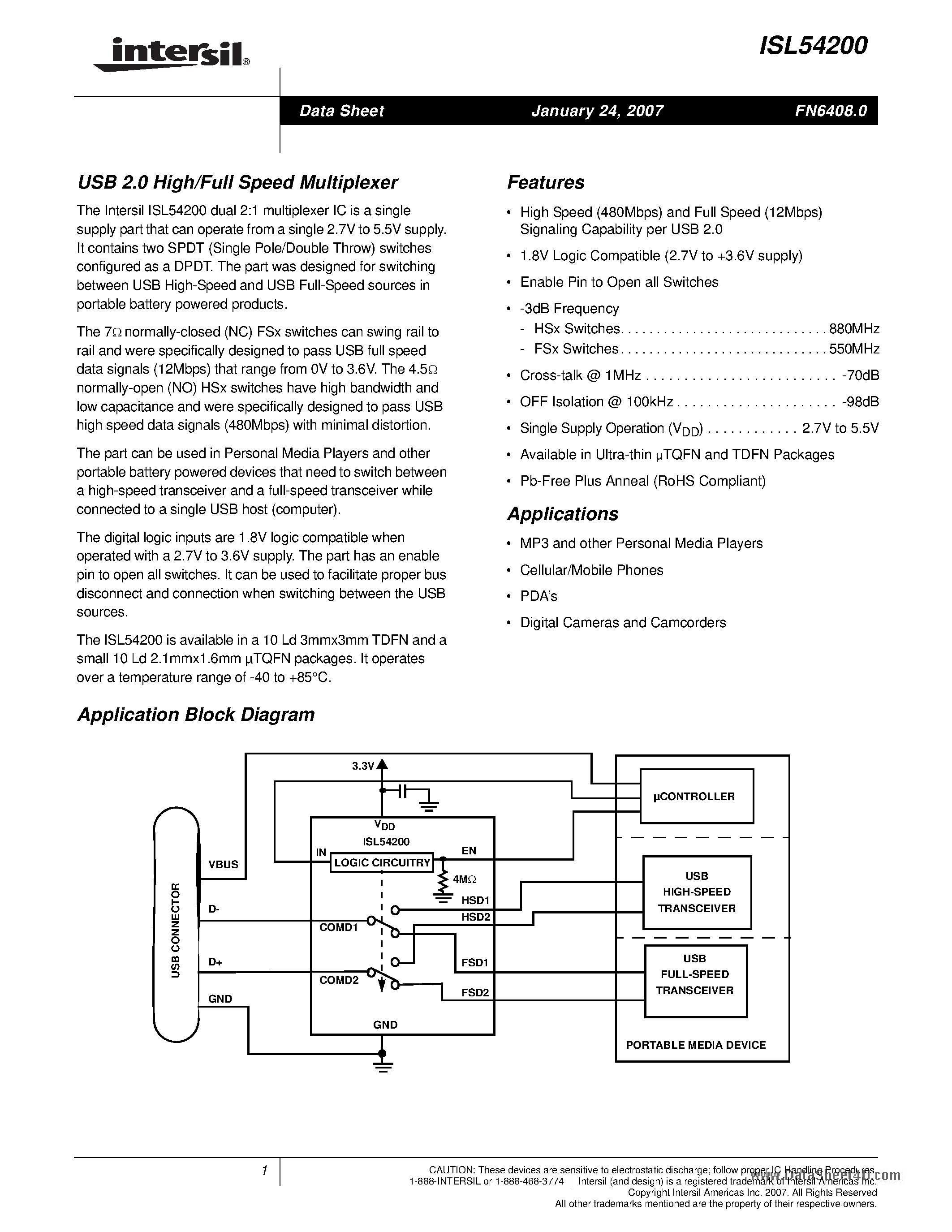 Datasheet ISL54200 - USB 2.0 High/Full Speed Multiplexer page 1