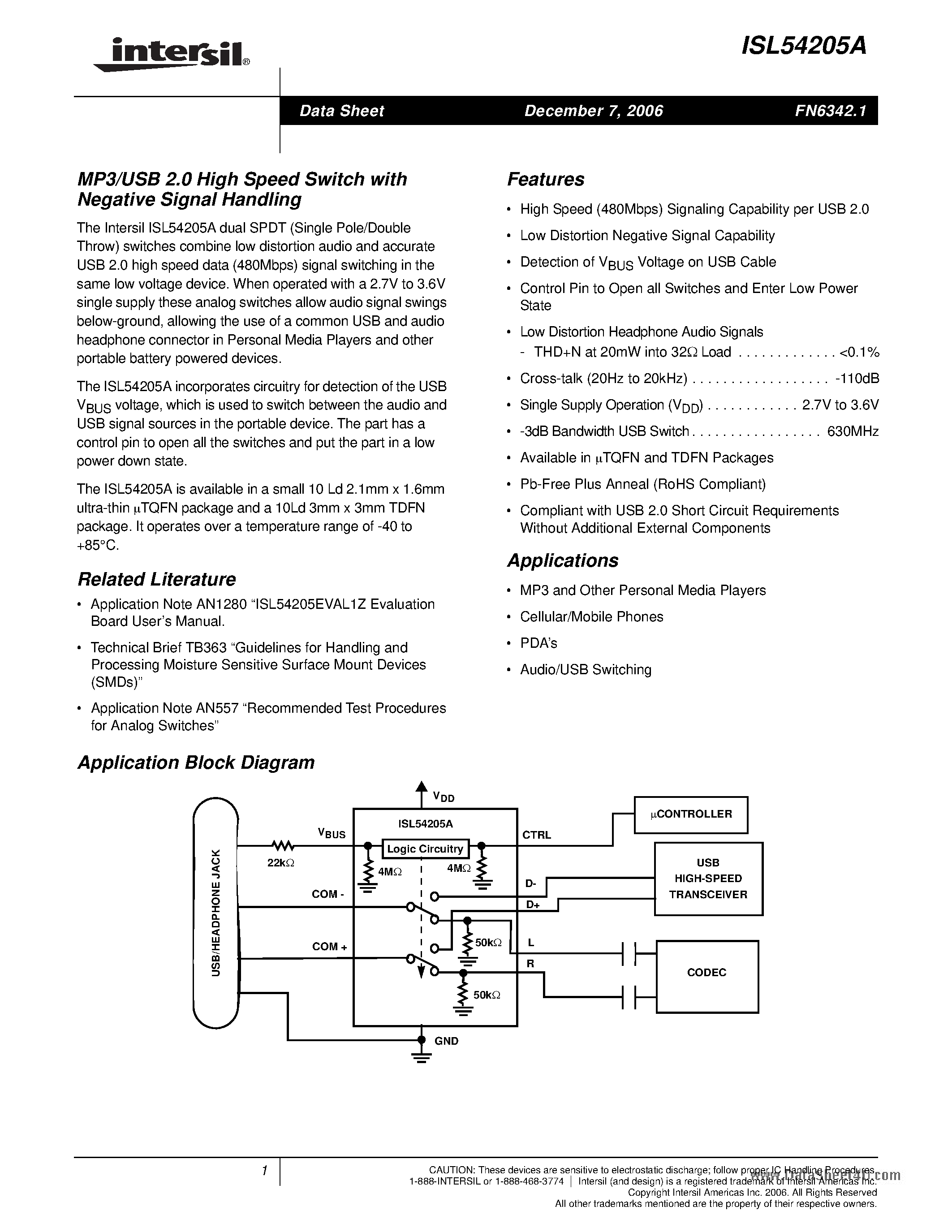 Datasheet ISL54205A page 1 Datasheet ISL54205A - MP3/USB 2.0 High Speed Switch page 1