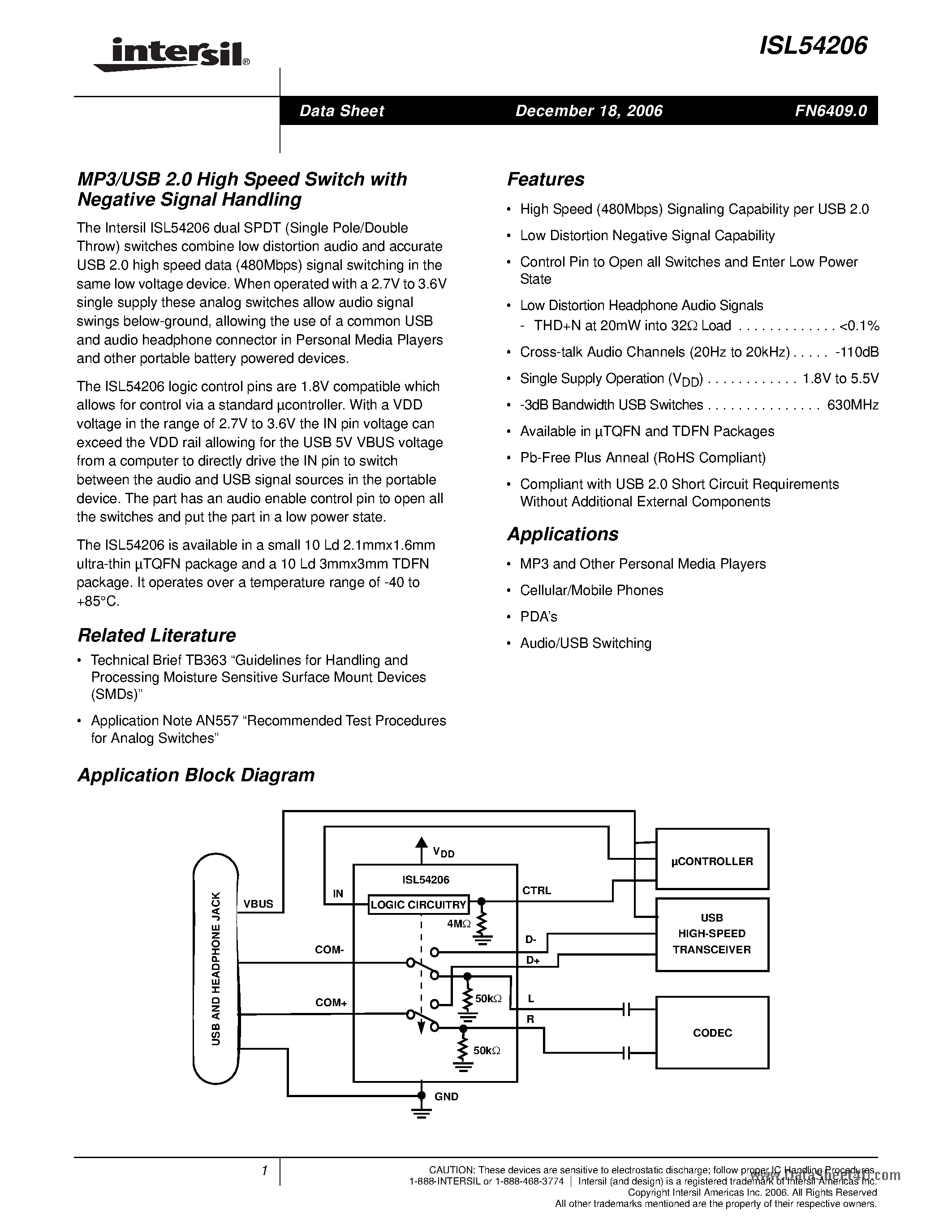 Datasheet ISL54206 page 1 Datasheet ISL54206 - MP3/USB 2.0 High Speed Switch page 1