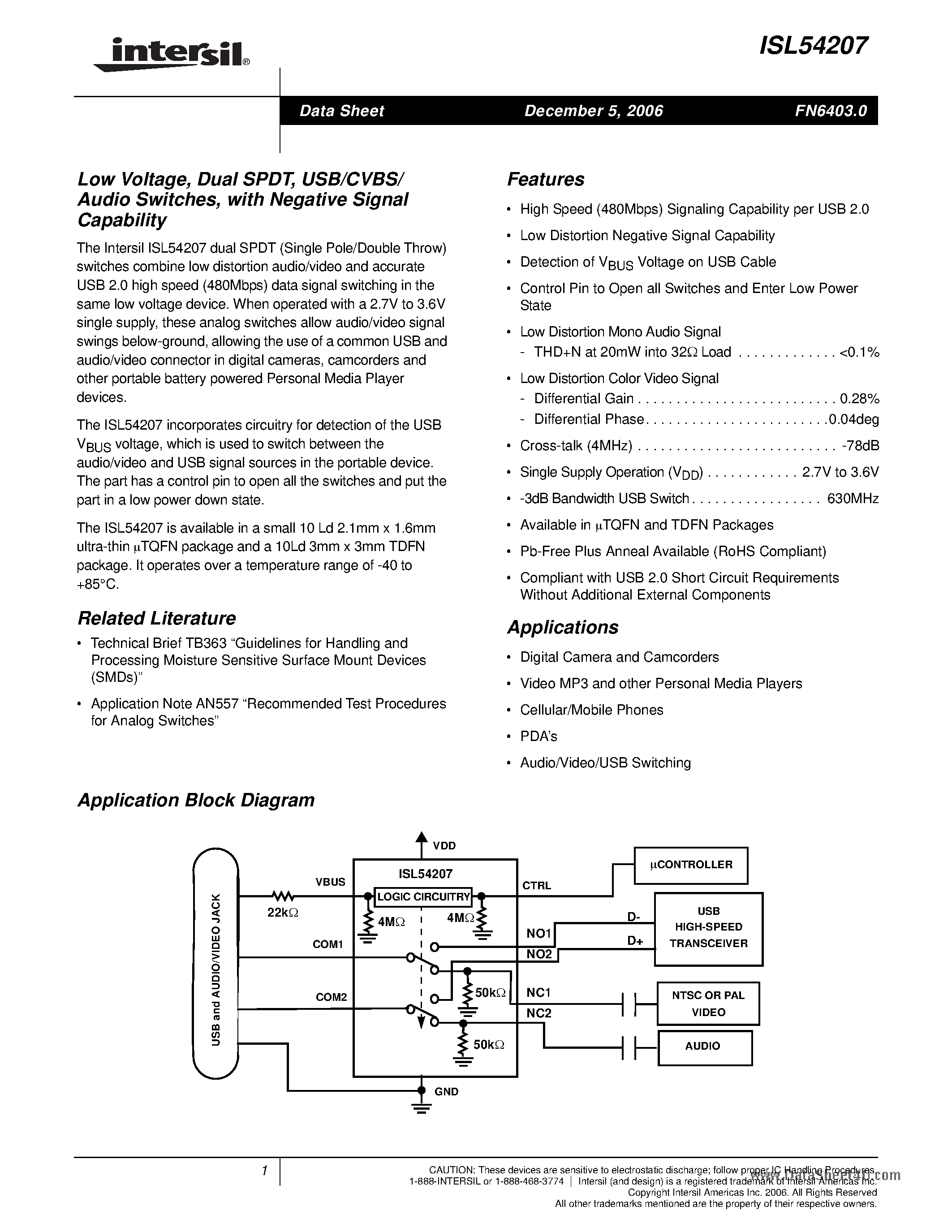 Datasheet ISL54207 page 1 Datasheet ISL54207 - USB/CVBS/ Audio Switches page 1