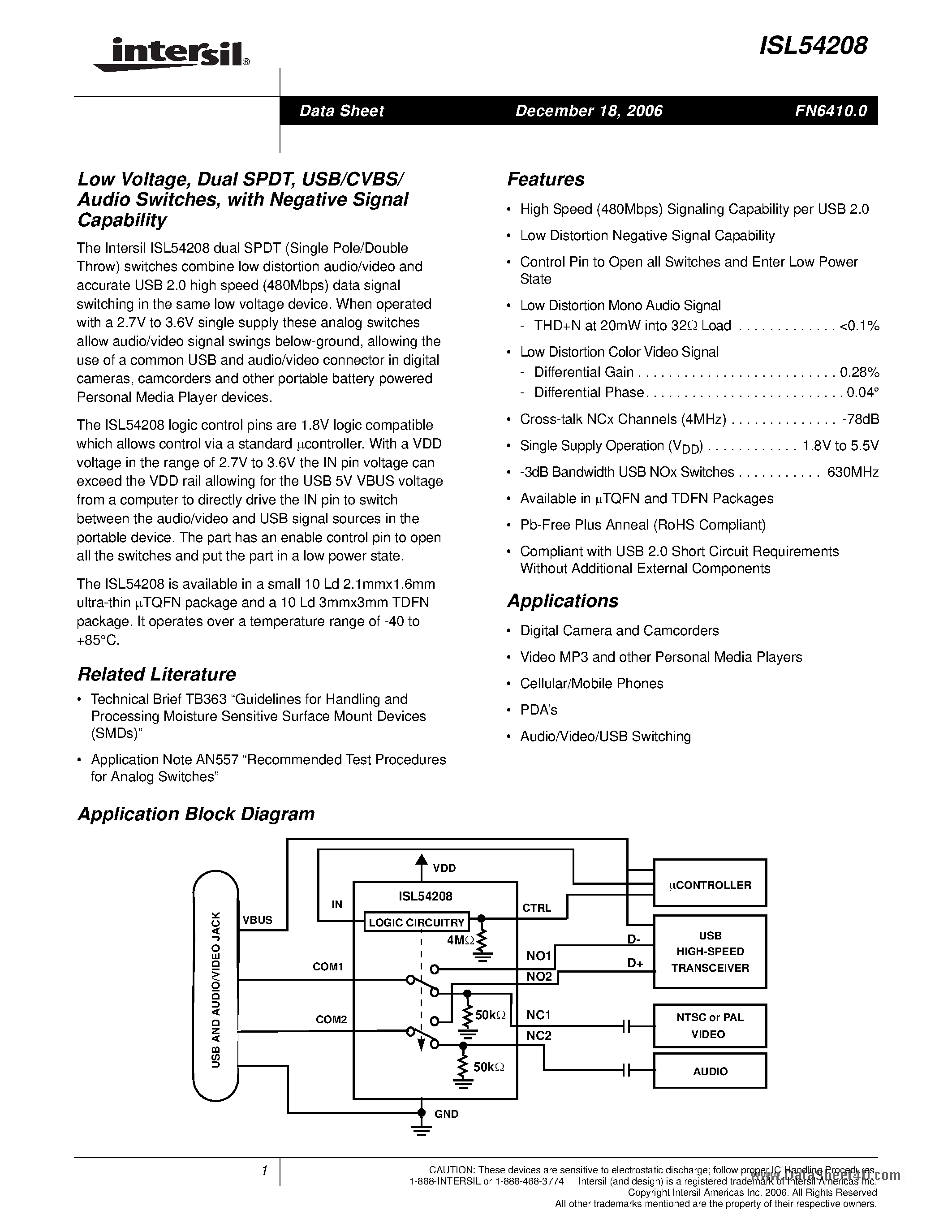Datasheet ISL54208 - USB/CVBS/ Audio Switches page 1
