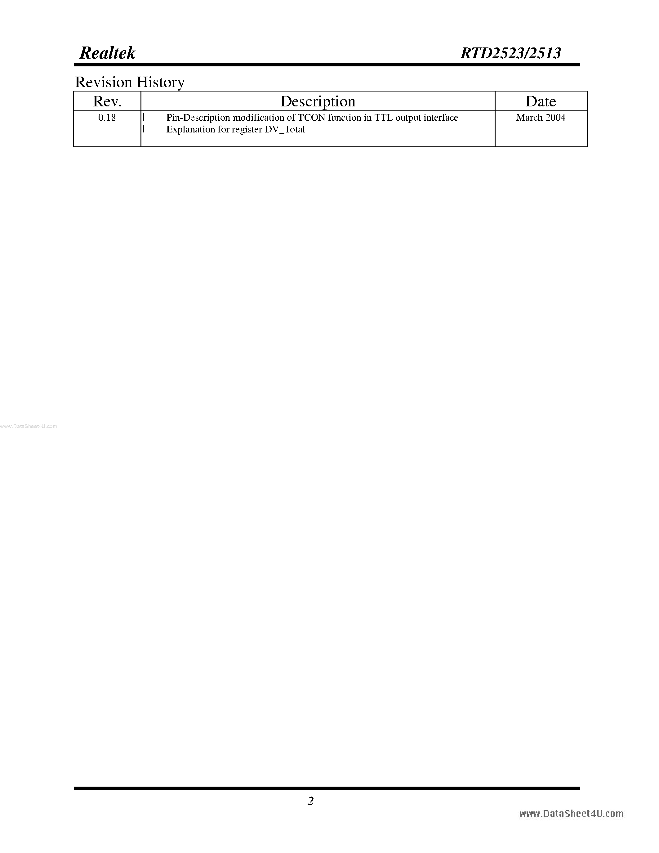 Даташит на микросхему RTD2513 страница 2 Даташит RTD2513 - (RTD2513 / RTD2523) Flat Panel Display Controller страница 2