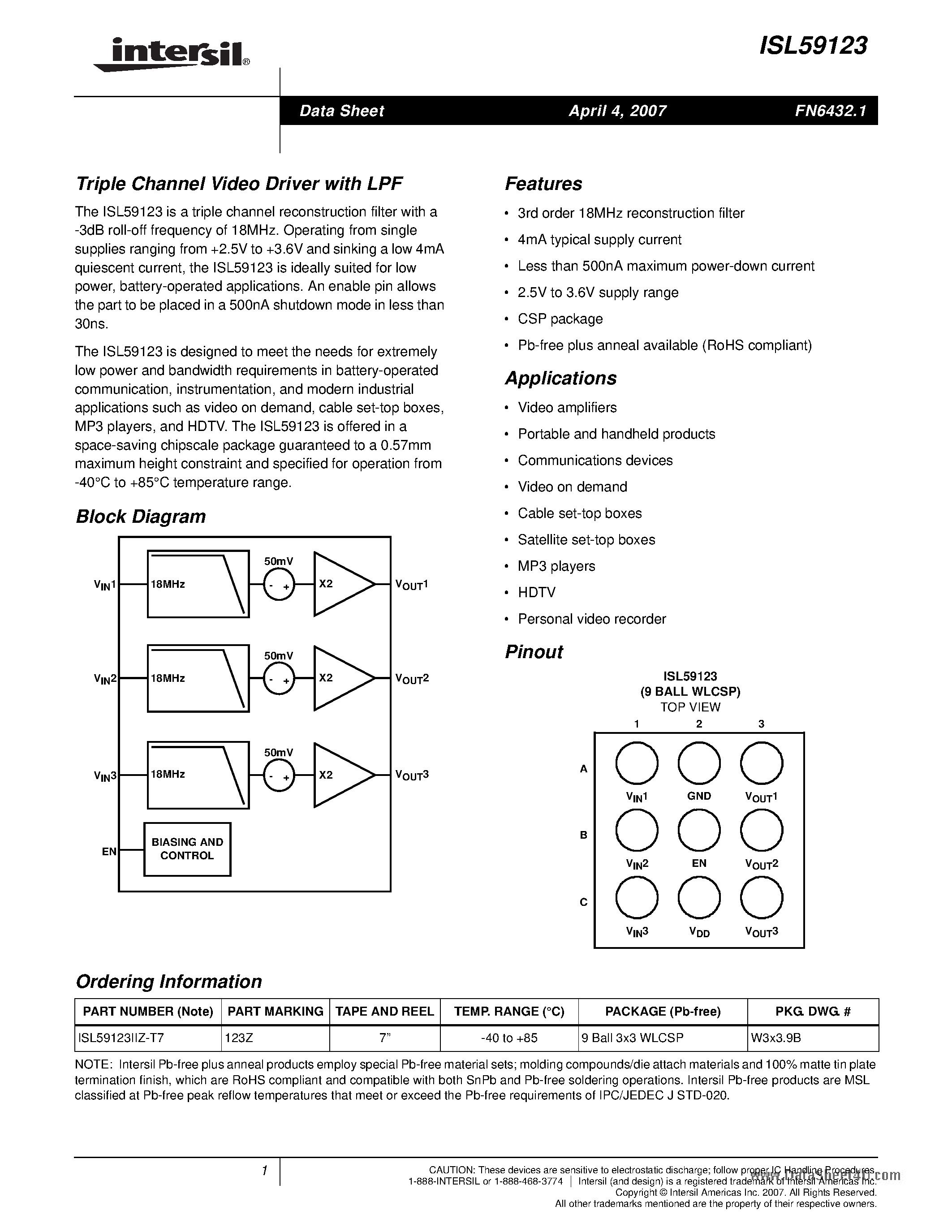 Datasheet ISL59123 - Triple Channel Video Driver page 1