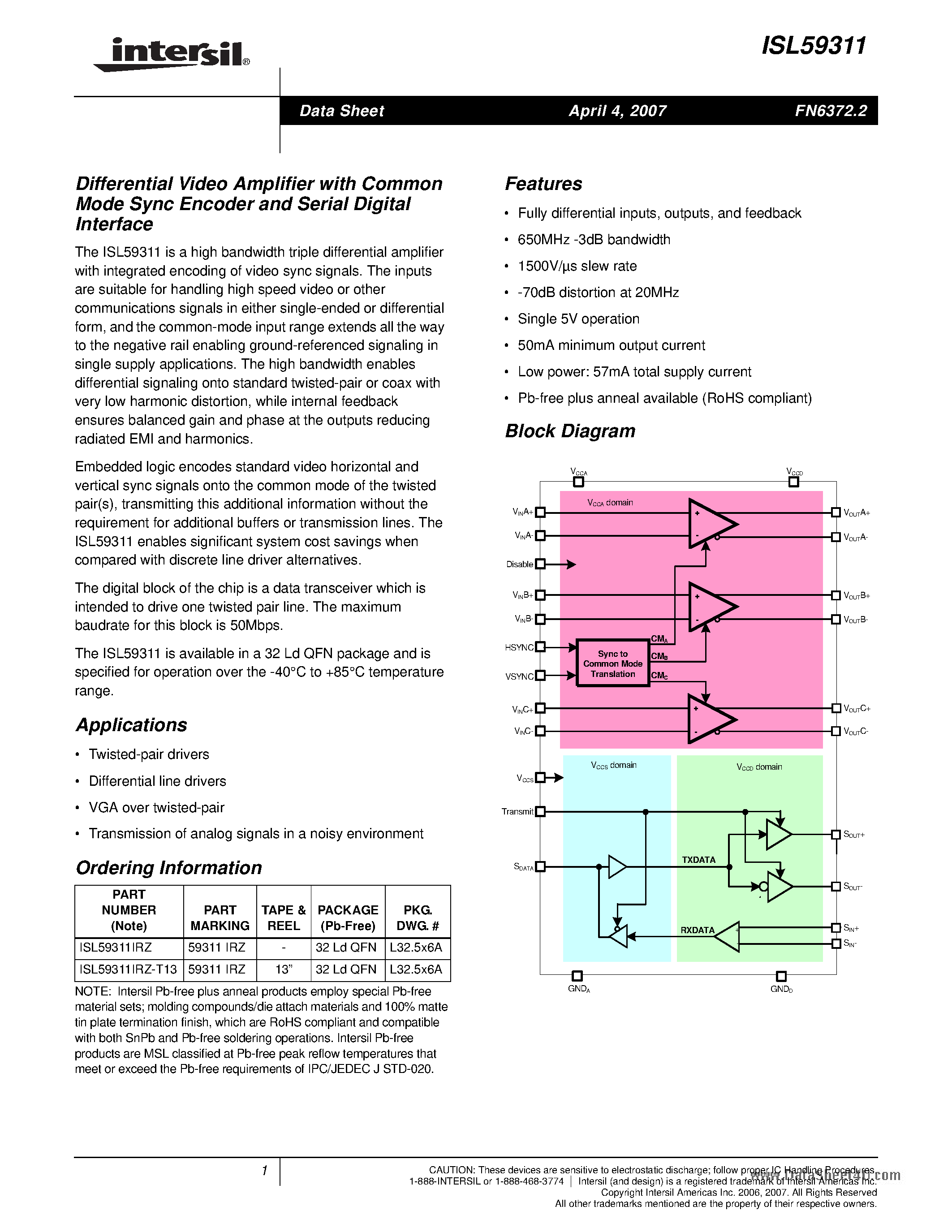 Datasheet ISL59311 page 1 Datasheet ISL59311 - Differential Video Amplifier page 1