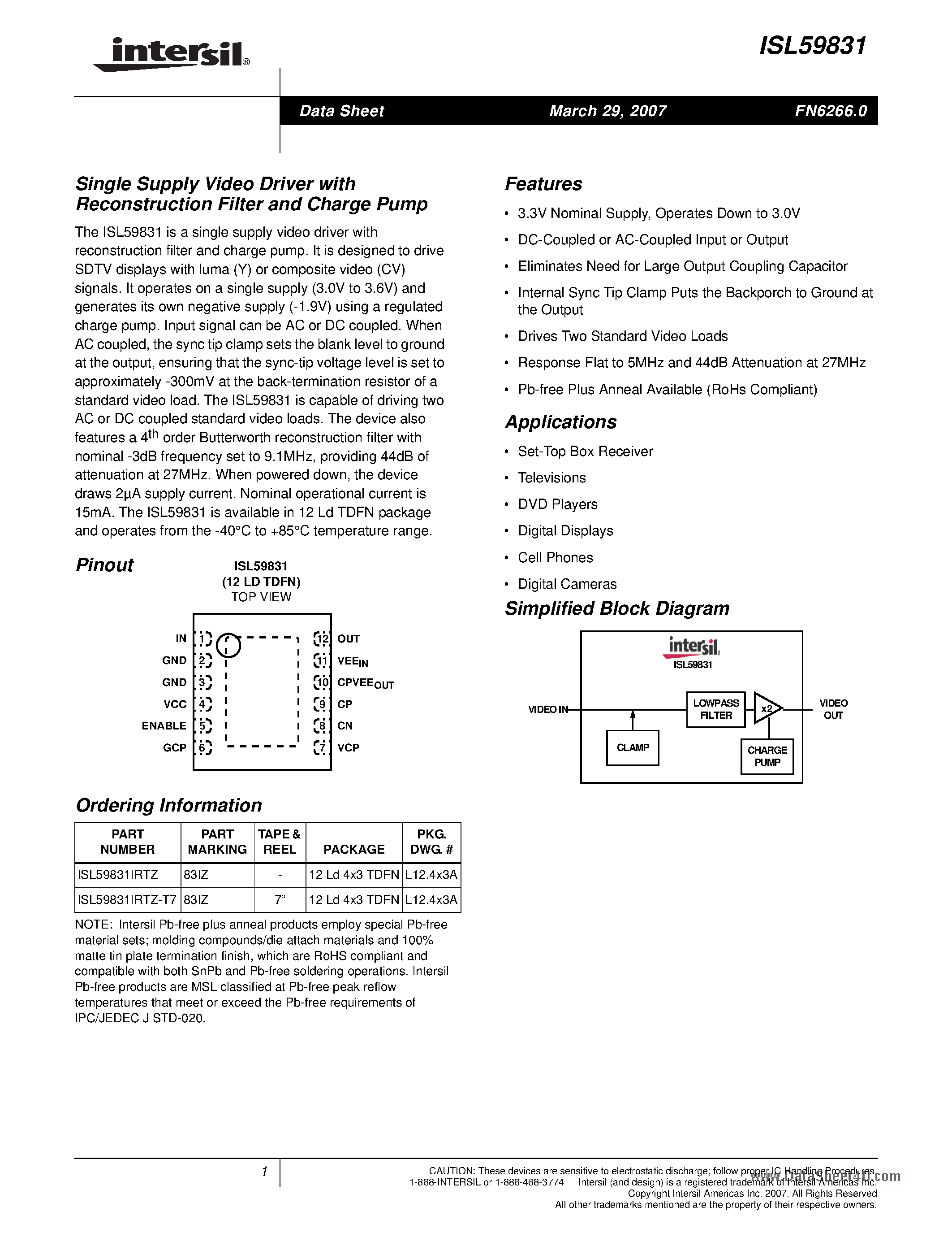 Datasheet ISL59831 page 1 Datasheet ISL59831 - Single Supply Video Driver page 1