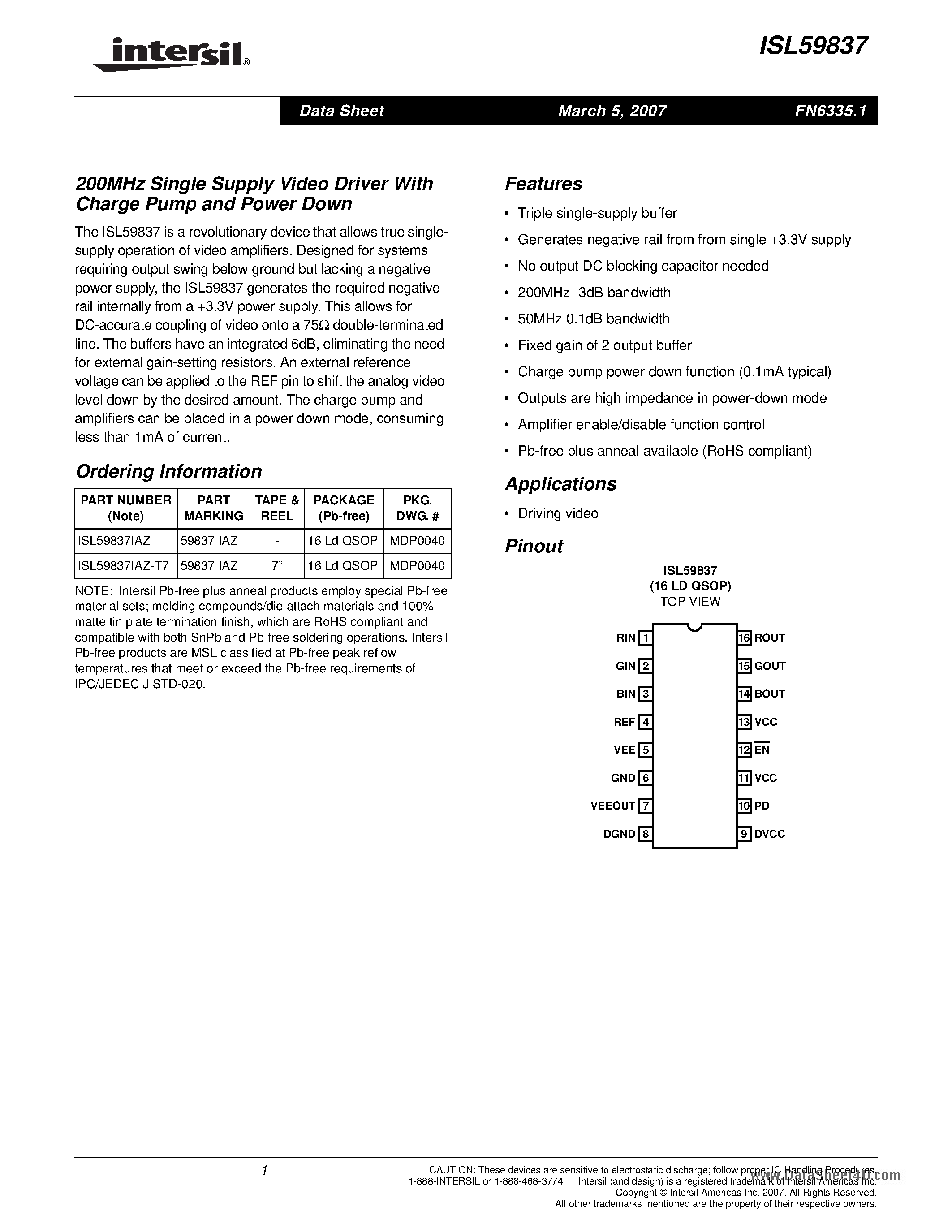Datasheet ISL59837 - 200MHz Single Supply Video Driver page 1