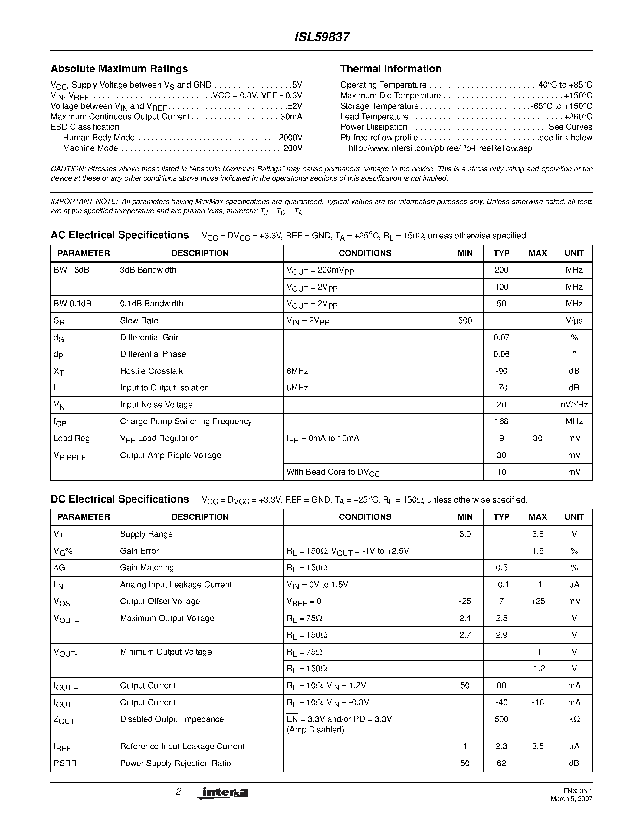 Datasheet ISL59837 - 200MHz Single Supply Video Driver page 2