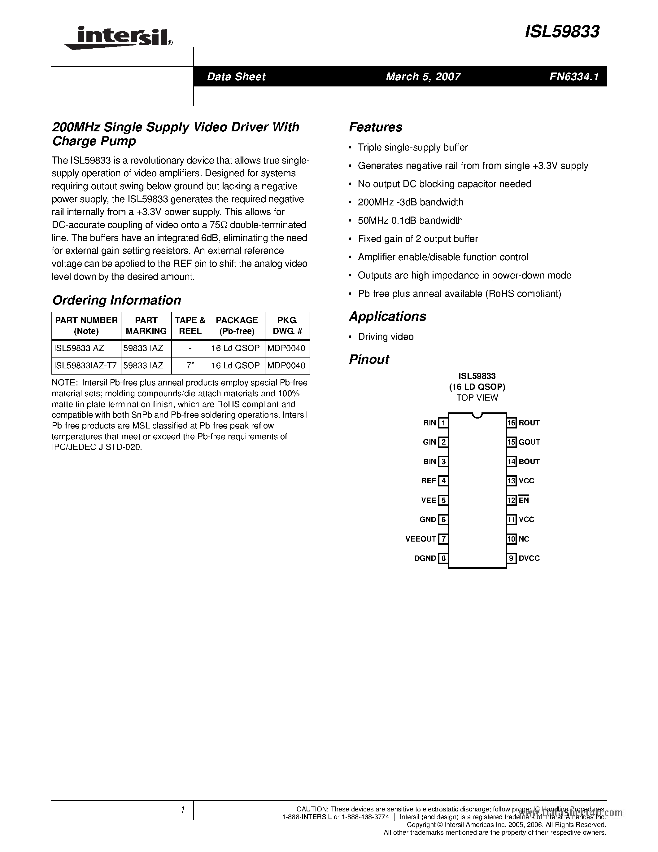 Datasheet ISL59833 page 1 Datasheet ISL59833 - 200MHz Single Supply Video Driver page 1