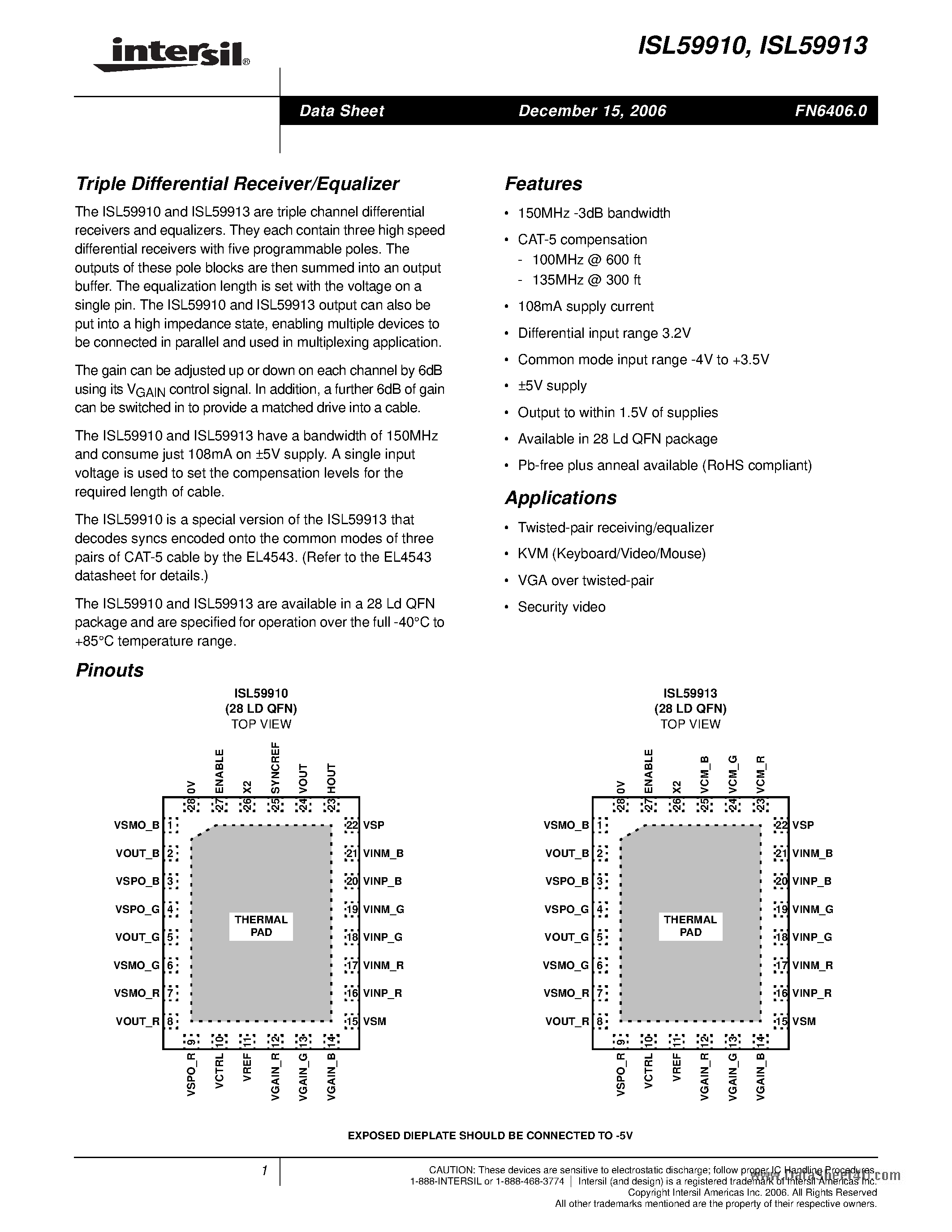 Даташит ISL59910 - (ISL59910 / ISL59913) Triple Differential Receiver/Equalizer страница 1