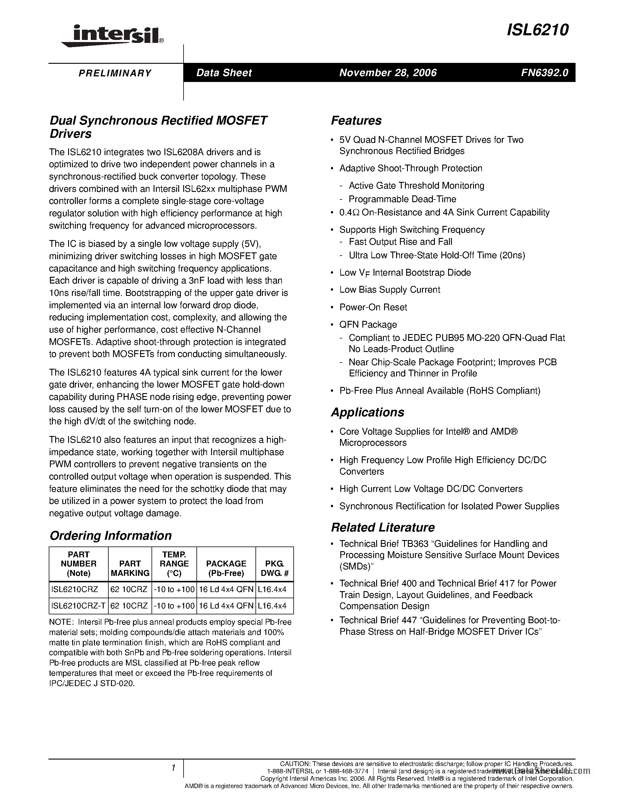 Datasheet ISL6210 page 1 Datasheet ISL6210 - Dual Synchronous Rectified MOSFET Drivers page 1