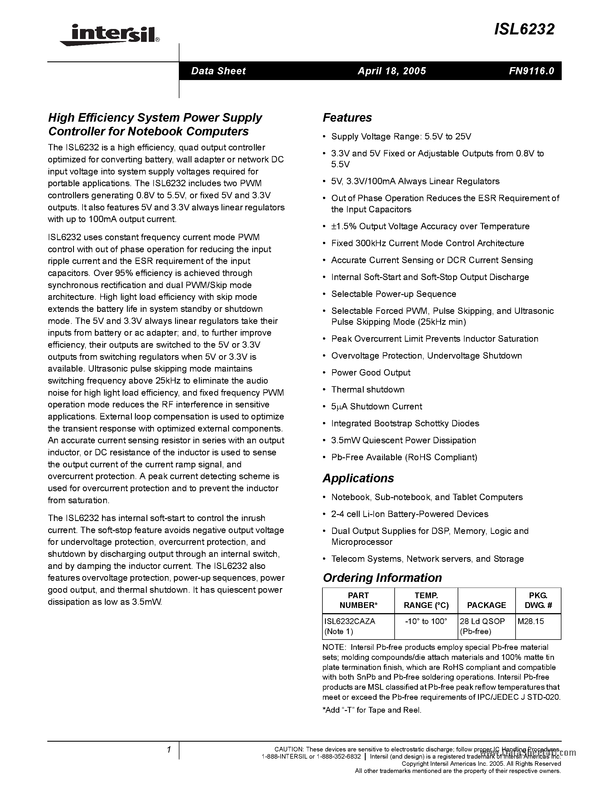 Datasheet ISL6232 - High Efficiency System Power Supply Controller page 1