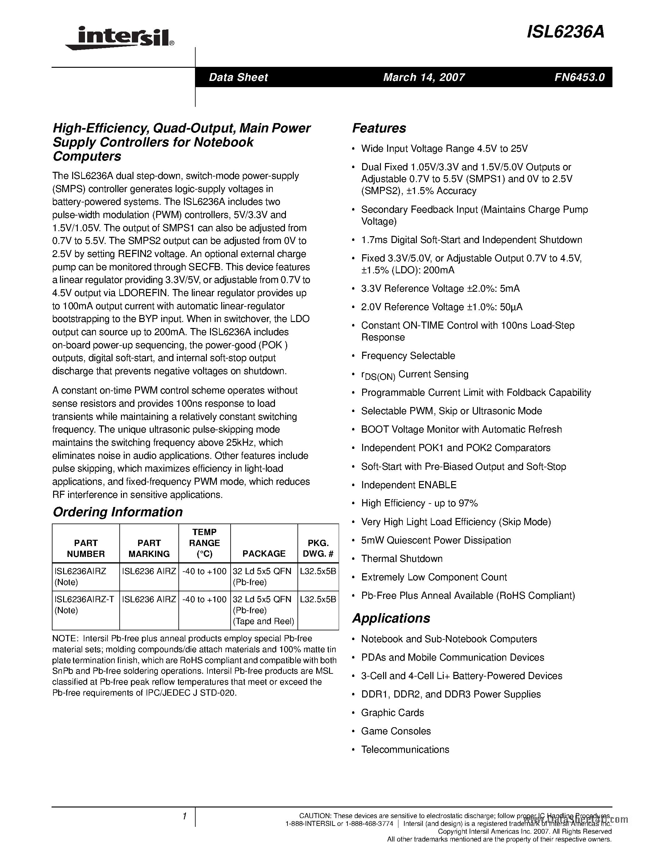 Datasheet ISL6236A - Main Power Supply Controllers page 1