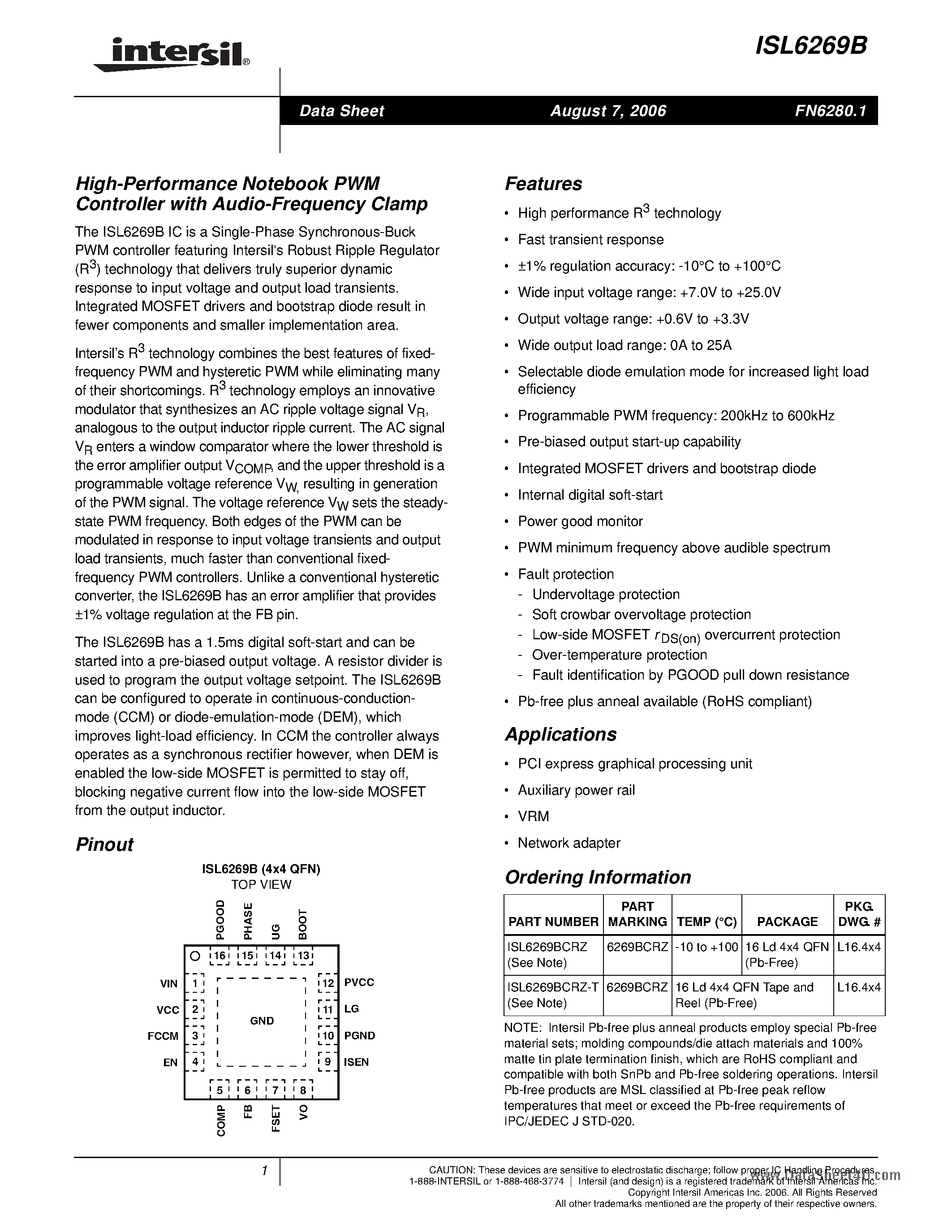Datasheet ISL6269B - High-Performance Notebook PWM Controller page 1