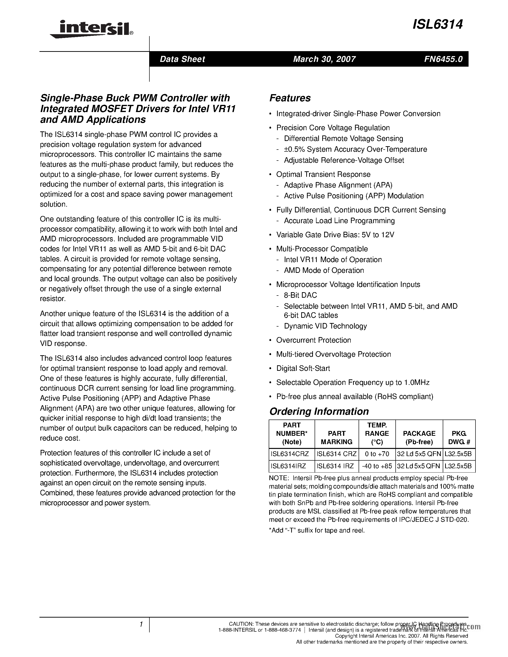 Datasheet ISL6314 - Single-Phase Buck PWM Controller page 1