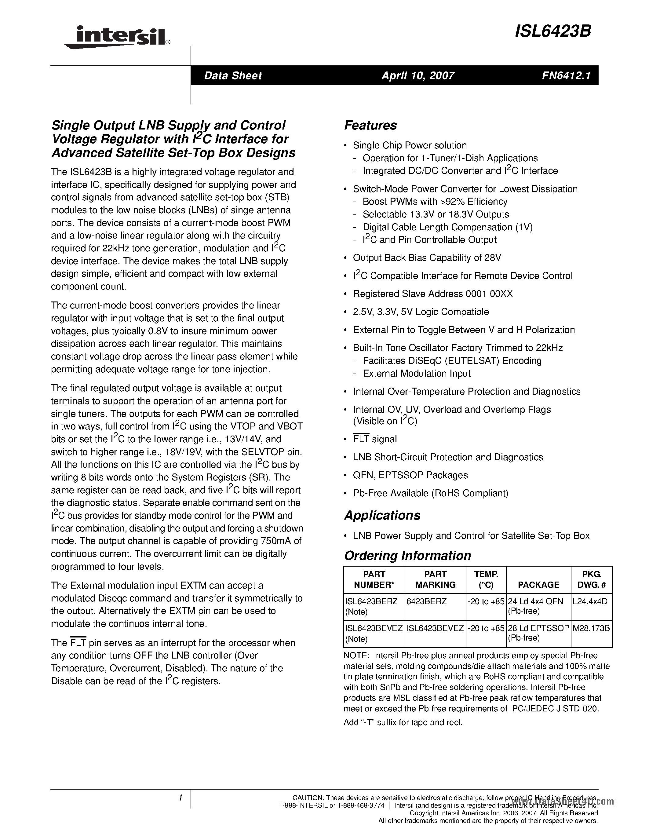 Datasheet ISL6423B - Single Output LNB Supply and Control Voltage Regulator page 1
