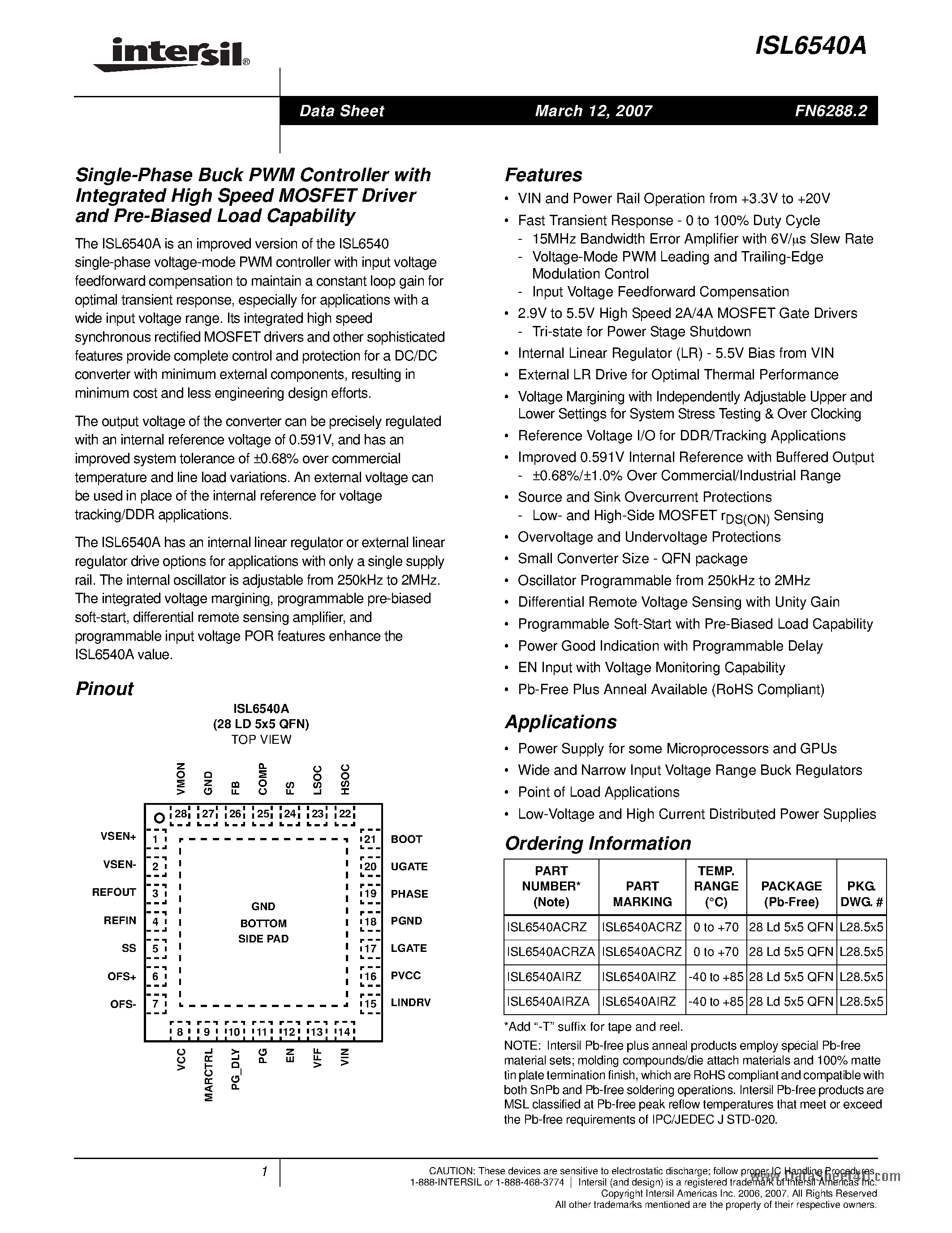 Datasheet ISL6540A page 1 Datasheet ISL6540A - Single-Phase Buck PWM Controller page 1