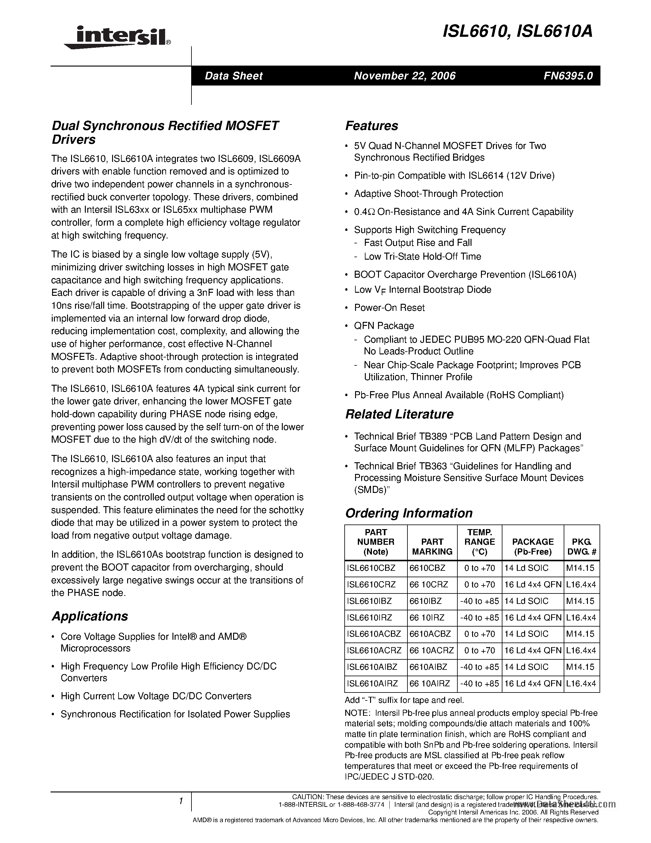 Datasheet ISL6610 page 1 Datasheet ISL6610 - Dual Synchronous Rectified MOSFET Drivers page 1
