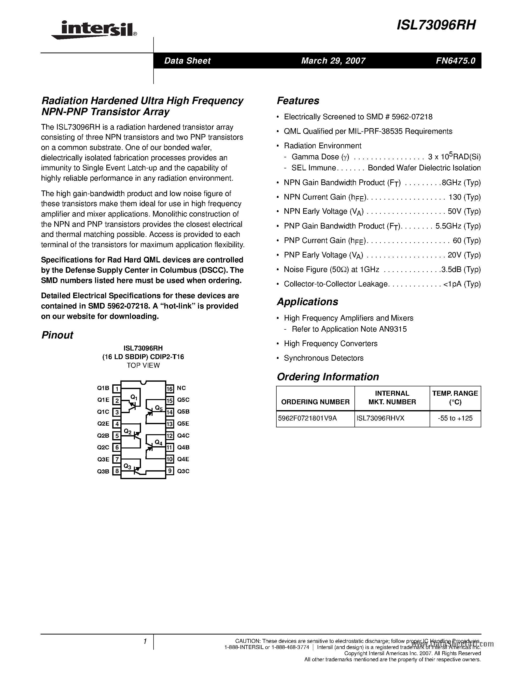 Datasheet ISL73096RH page 1 Datasheet ISL73096RH - Radiation Hardened Ultra High Frequency NPN-PNP Transistor Array page 1