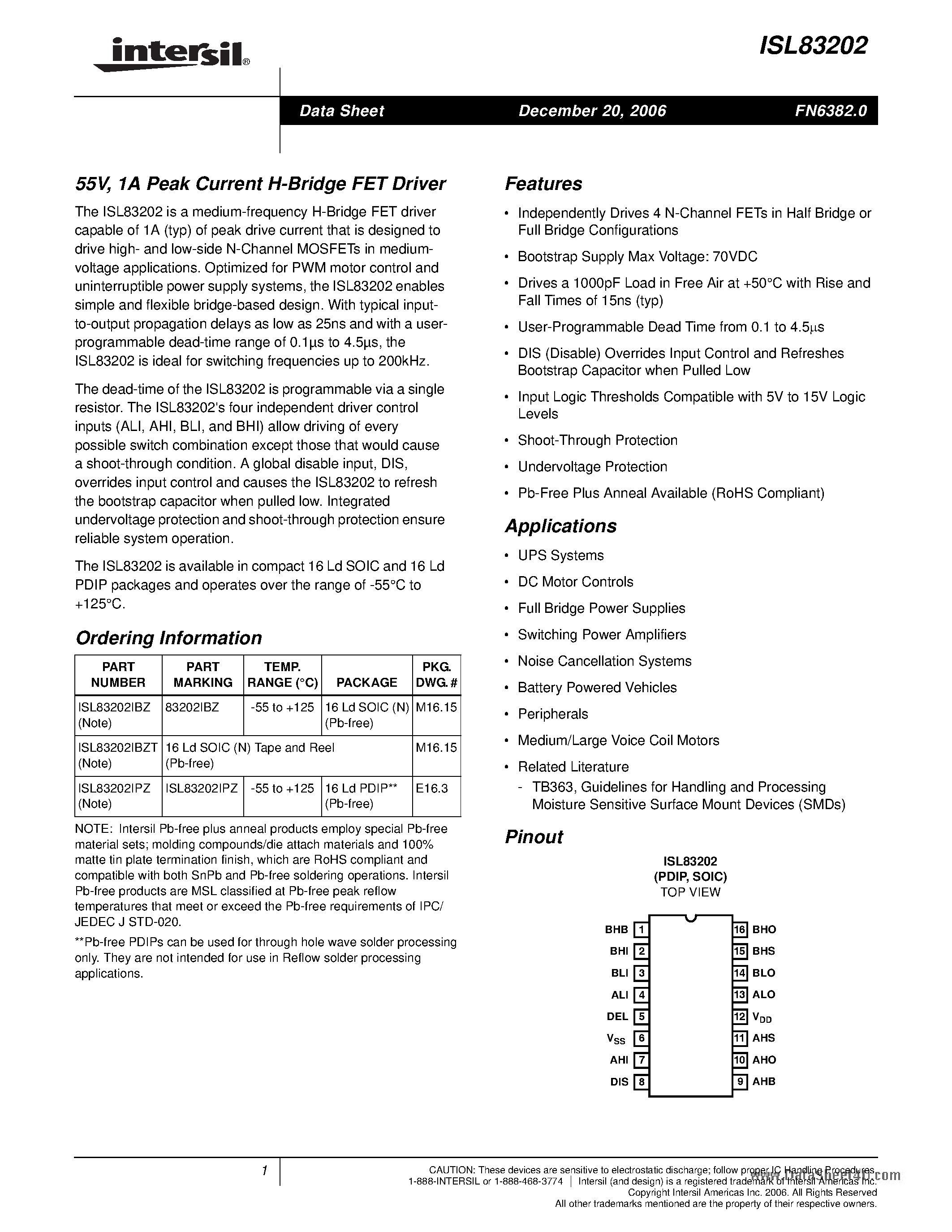 Datasheet ISL83202 page 1 Datasheet ISL83202 - 1A Peak Current H-Bridge FET Driver page 1