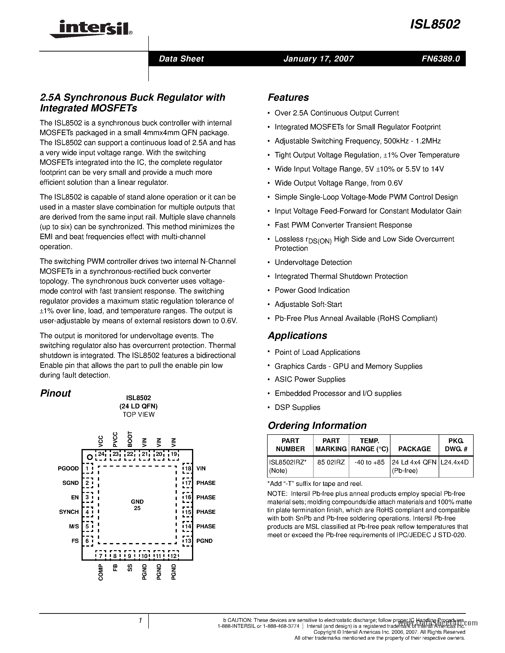 Datasheet ISL8502 - 2.5A Synchronous Buck Regulator page 1