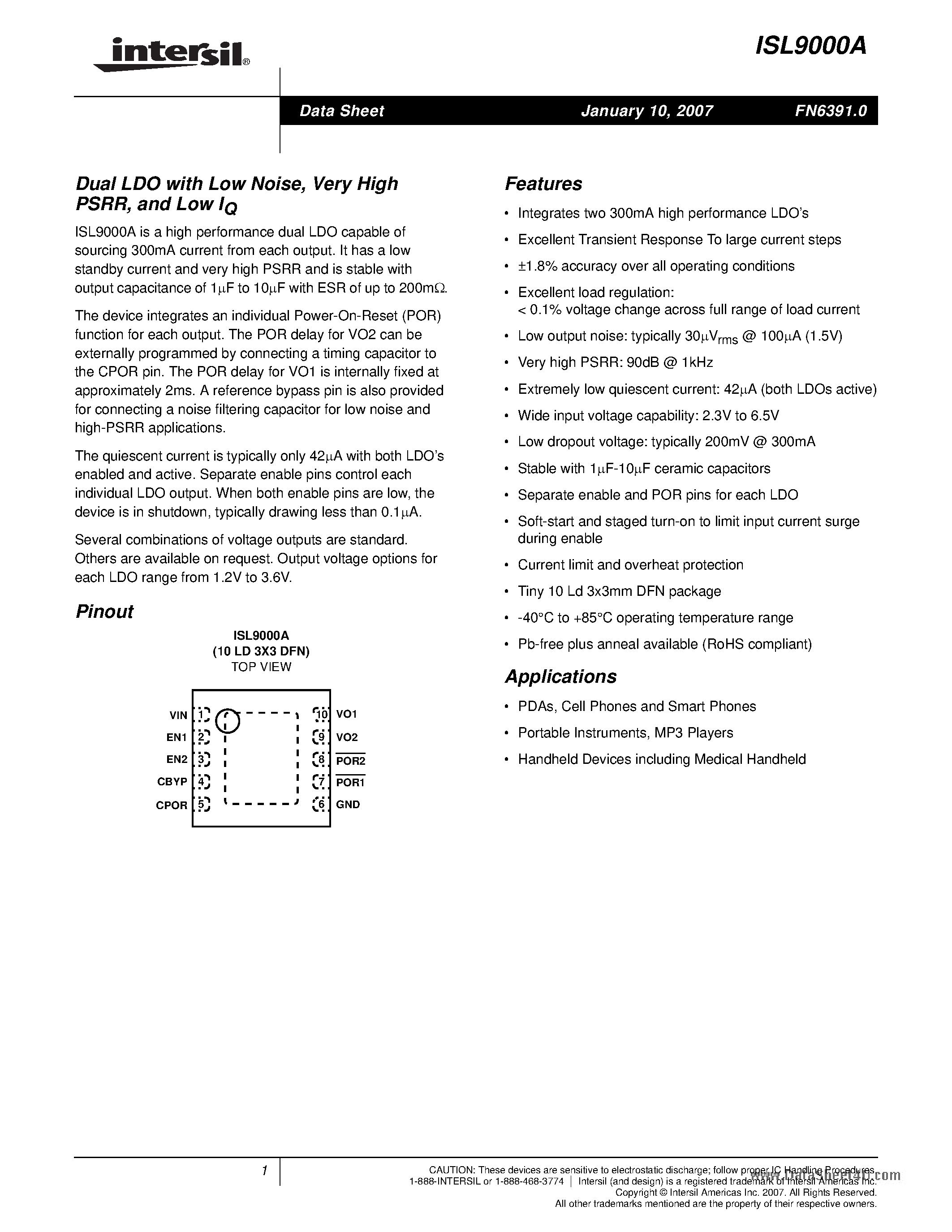Datasheet ISL9000A page 1 Datasheet ISL9000A - Dual LDO page 1