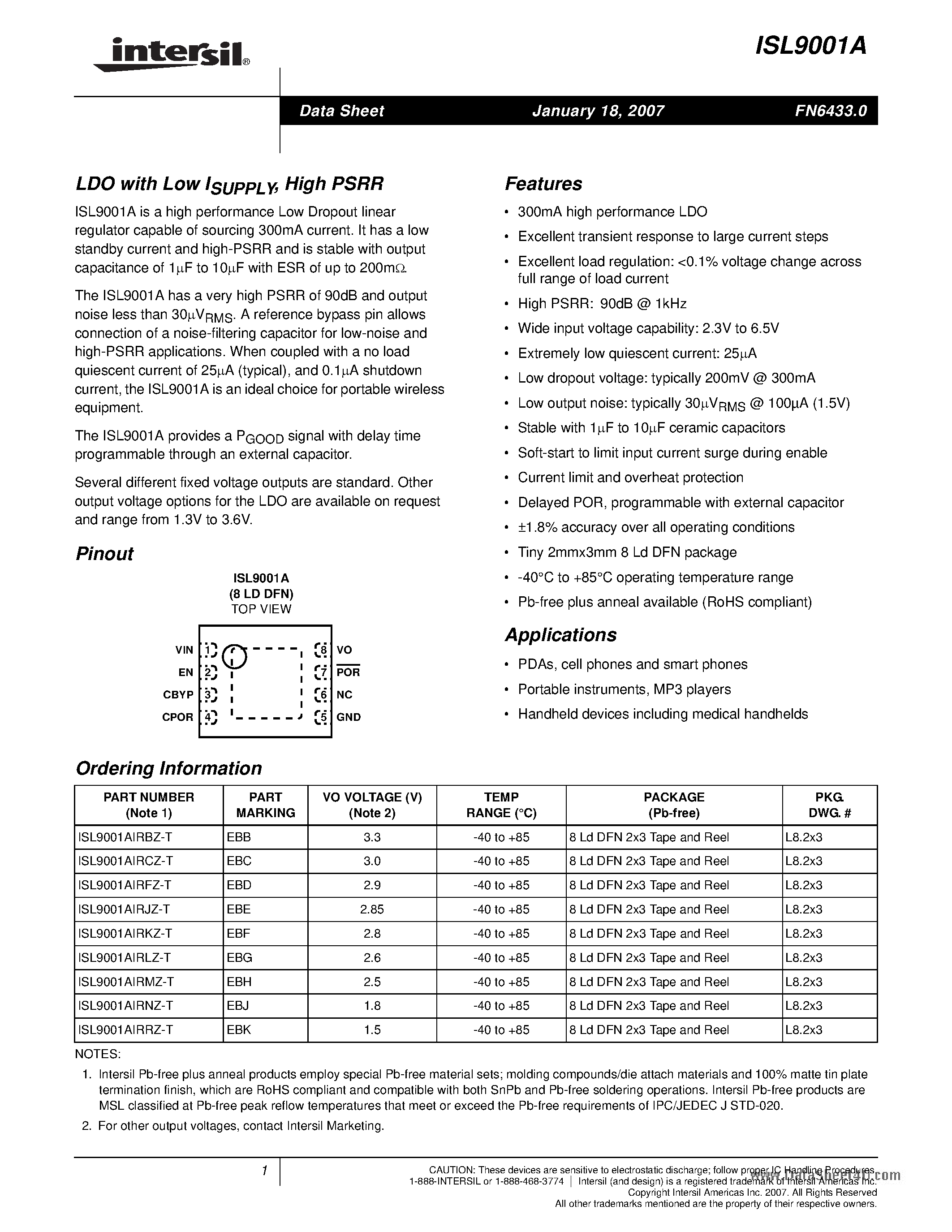 Datasheet ISL9001A page 1 Datasheet ISL9001A - LDO page 1