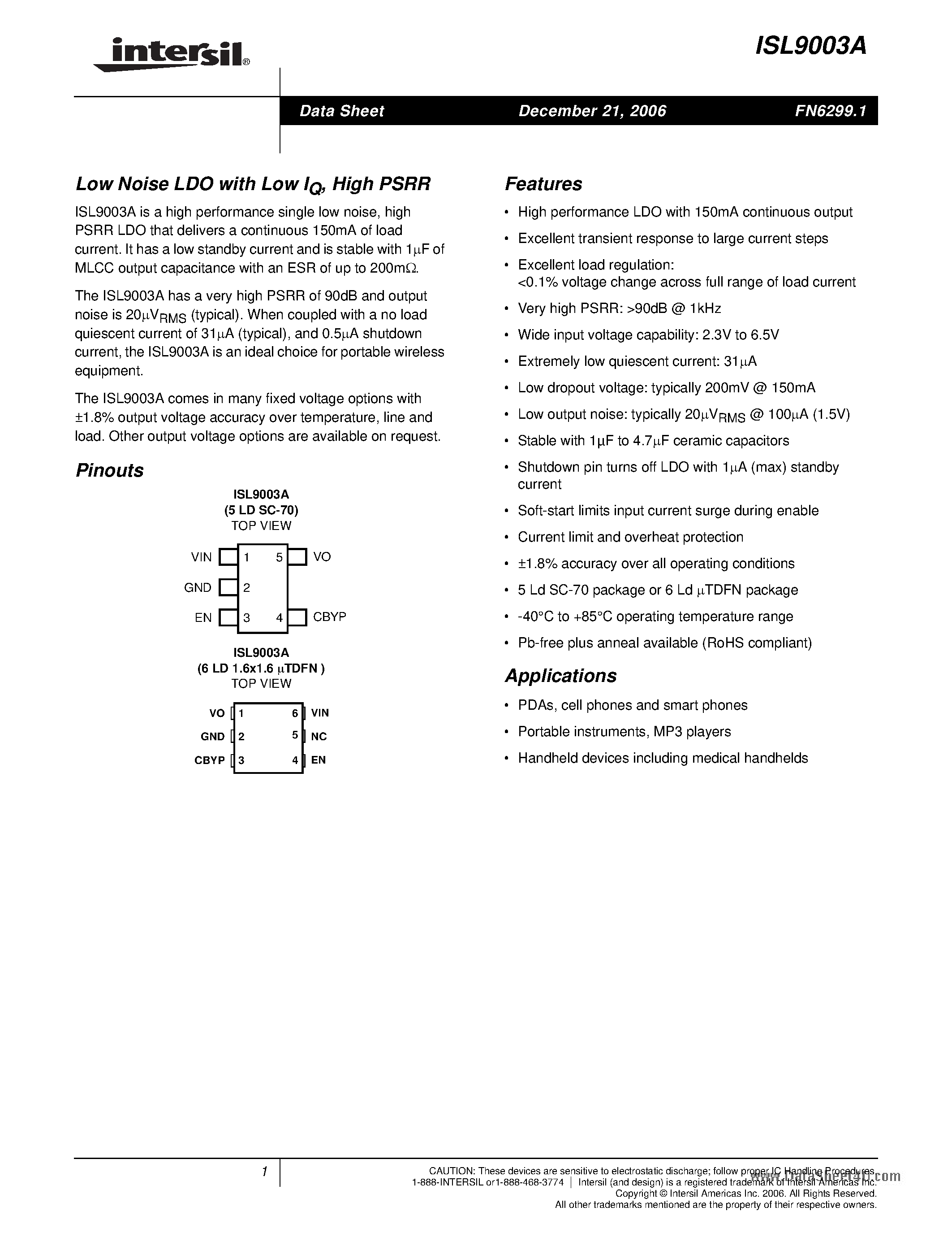 Datasheet ISL9003A page 1 Datasheet ISL9003A - Low Noise LDO page 1