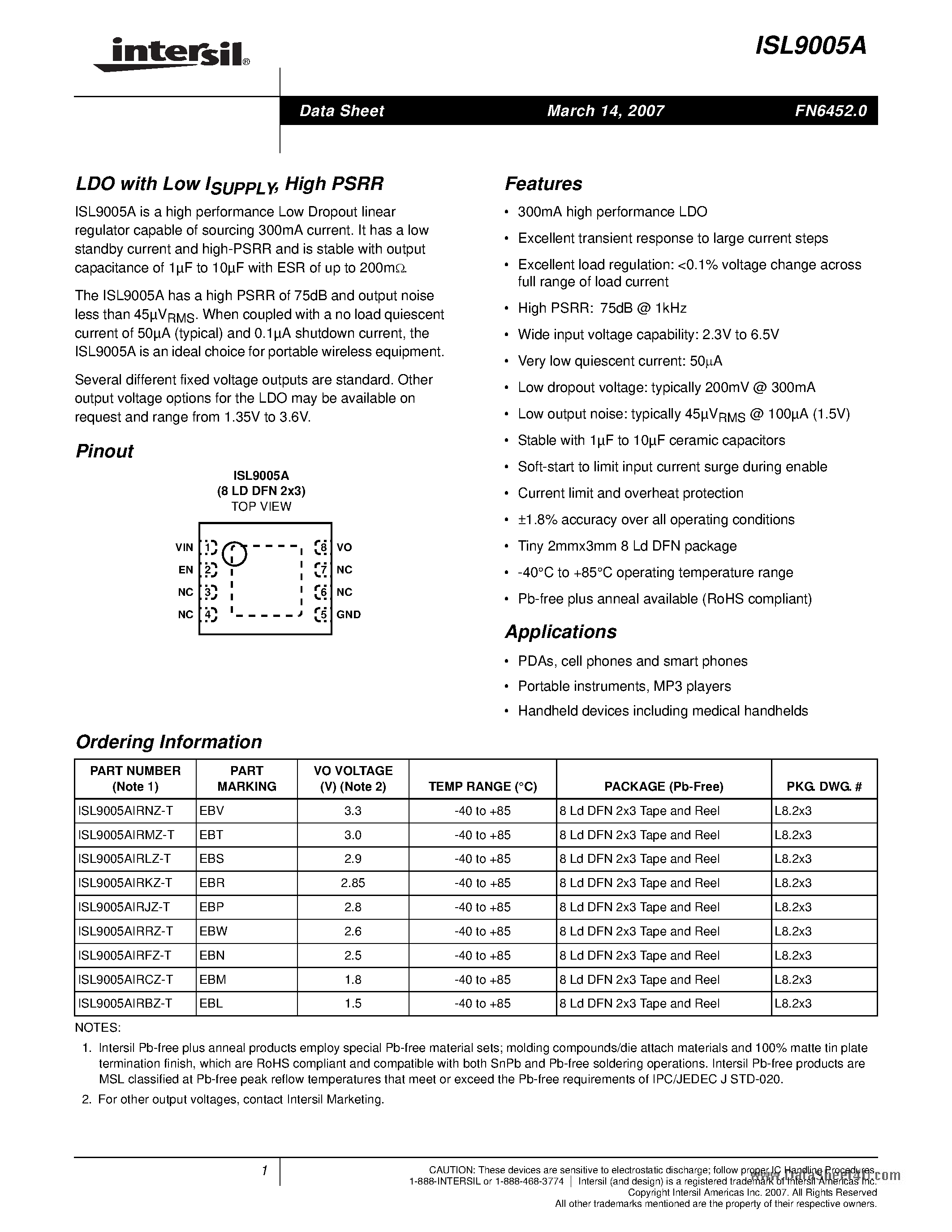 Datasheet ISL9005A page 1 Datasheet ISL9005A - LDO page 1