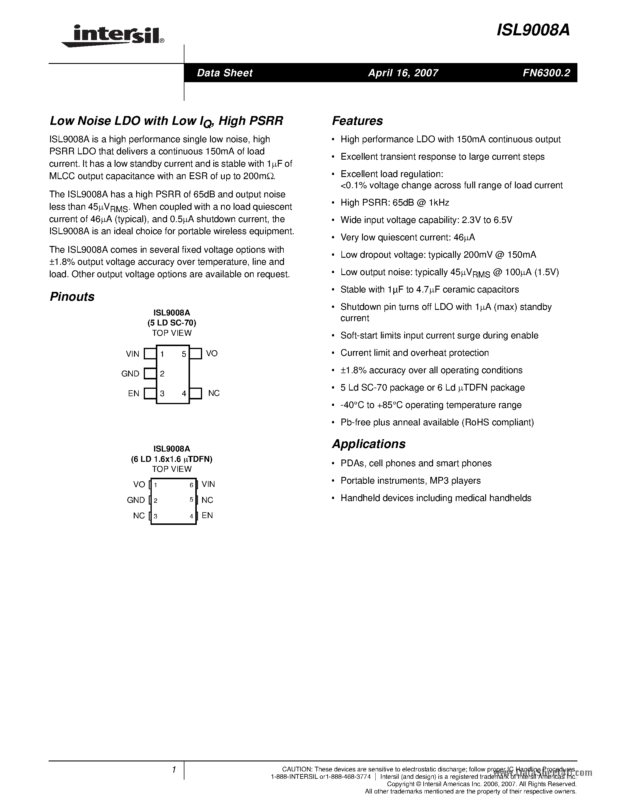 Datasheet ISL9008A page 1 Datasheet ISL9008A - Low Noise LDO page 1