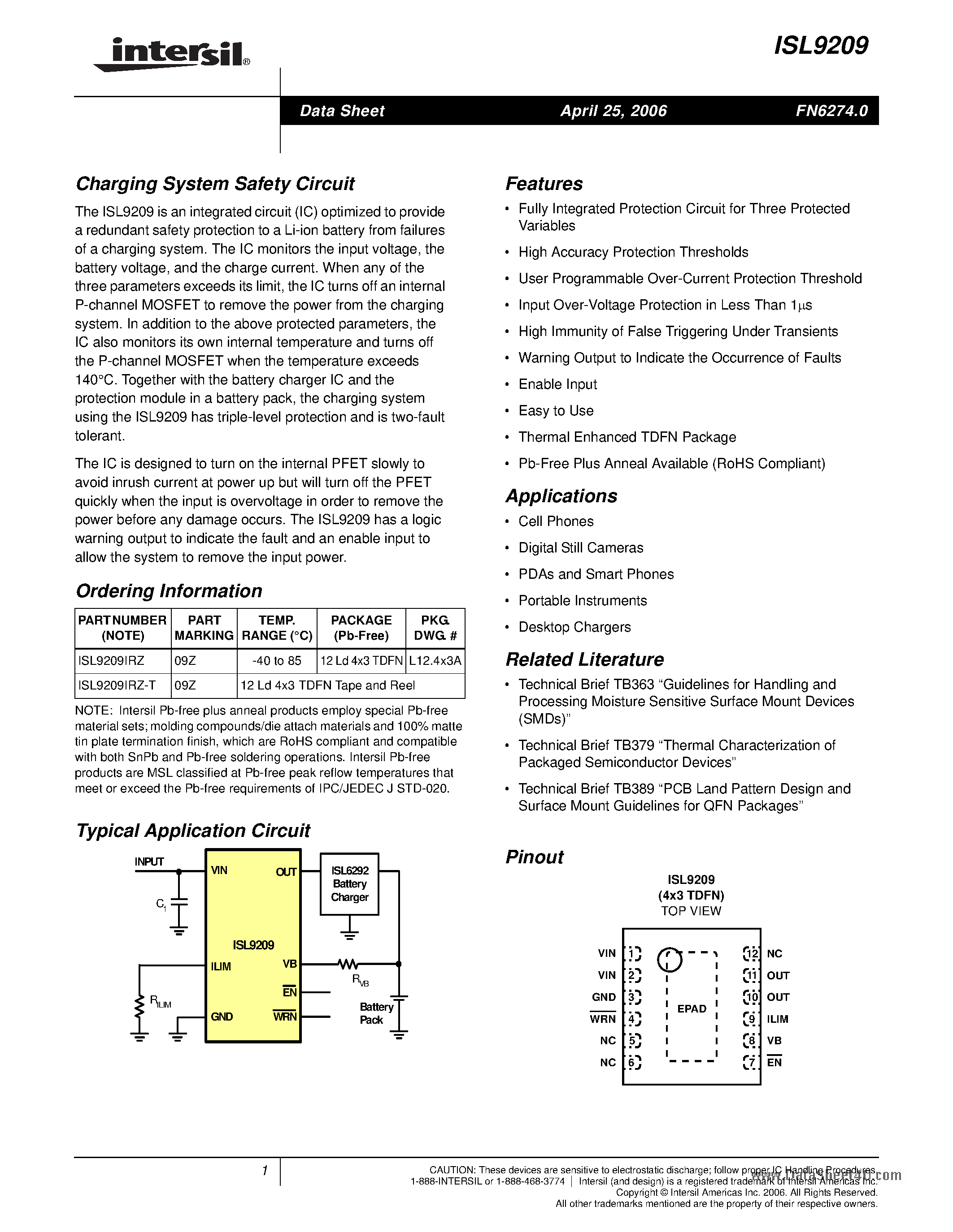 Datasheet ISL9209 page 1 Datasheet ISL9209 - Charging System Safety Circuit page 1