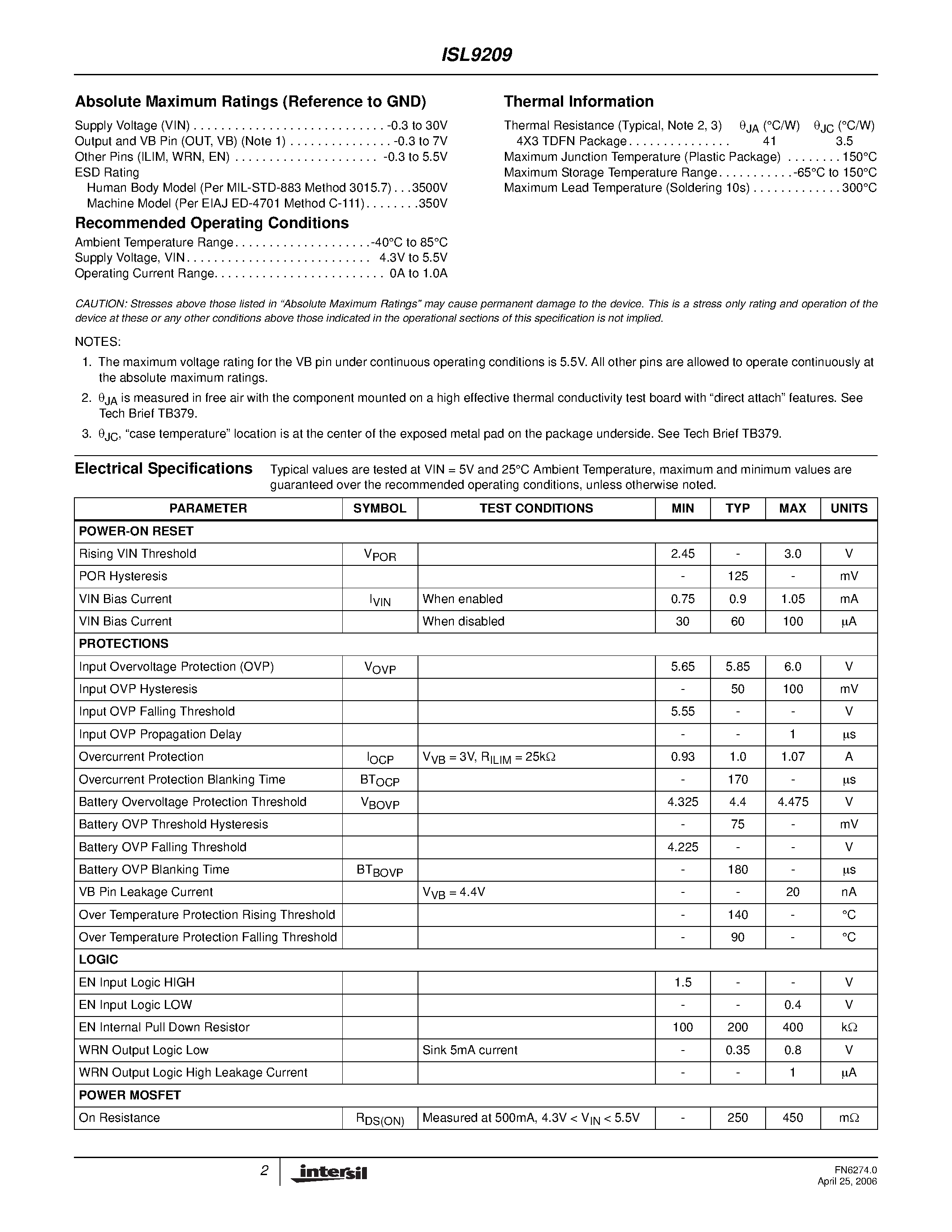 Datasheet ISL9209 page 2 Datasheet ISL9209 - Charging System Safety Circuit page 2