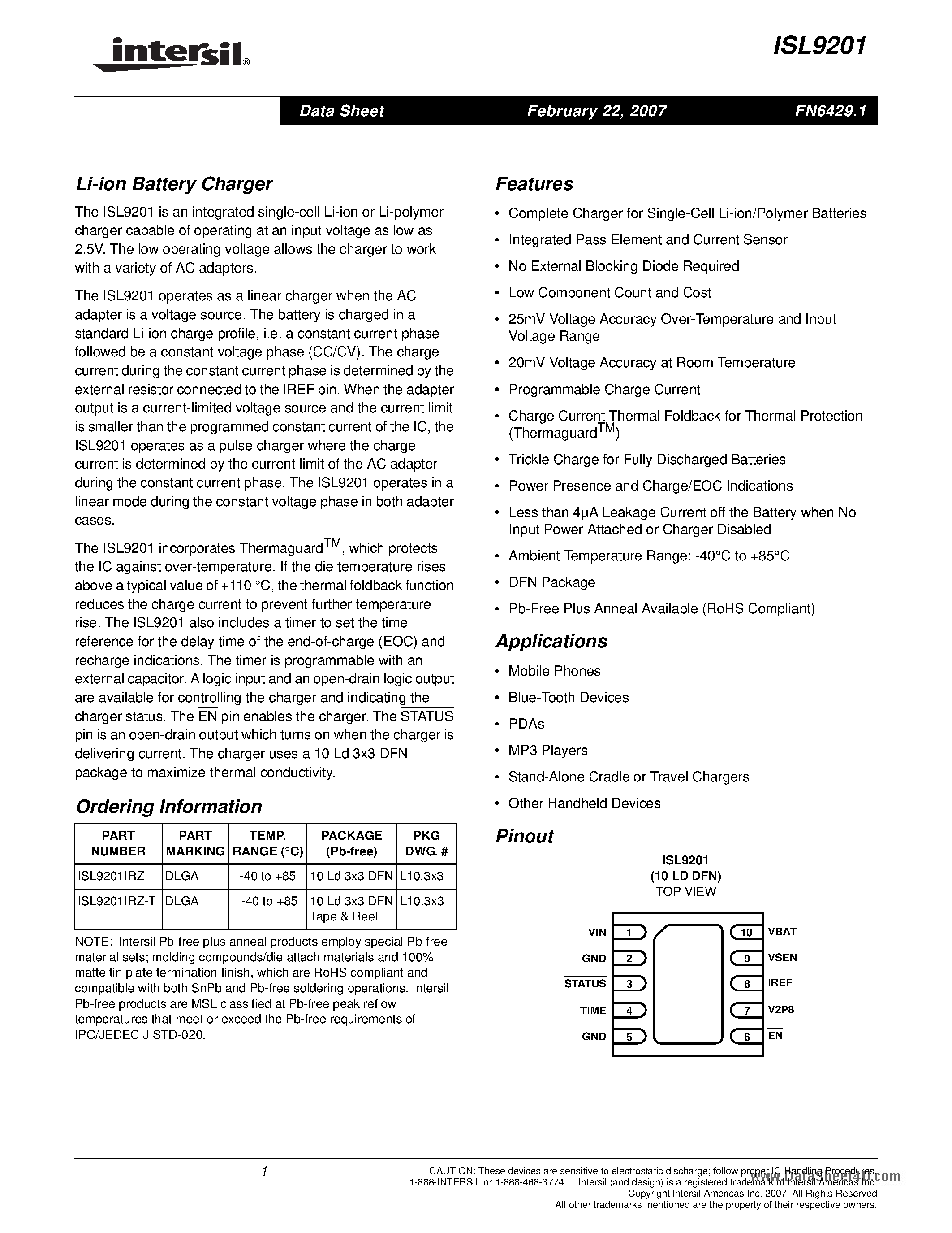 Datasheet ISL9201 page 1 Datasheet ISL9201 - Li-ion Battery Charger page 1