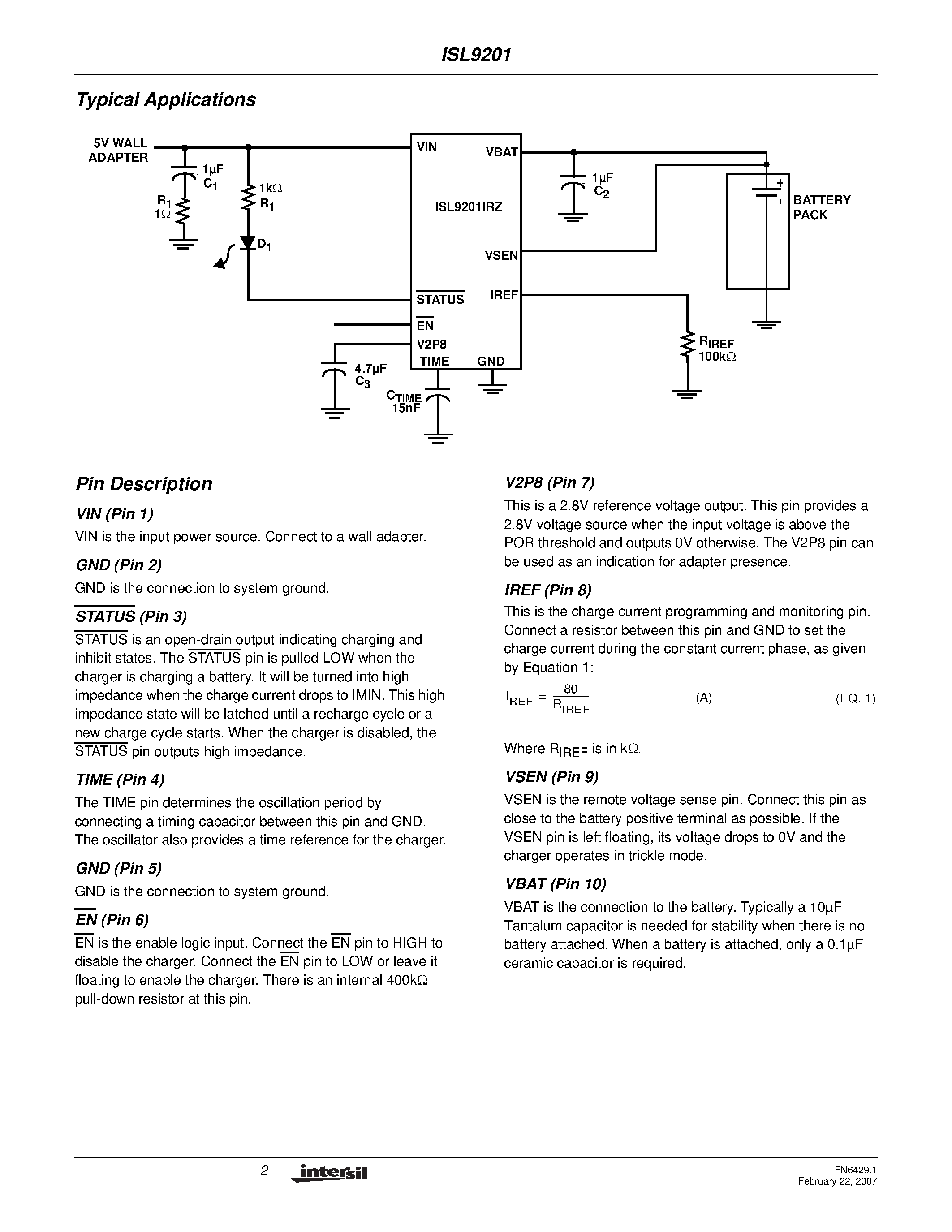 Datasheet ISL9201 page 2 Datasheet ISL9201 - Li-ion Battery Charger page 2