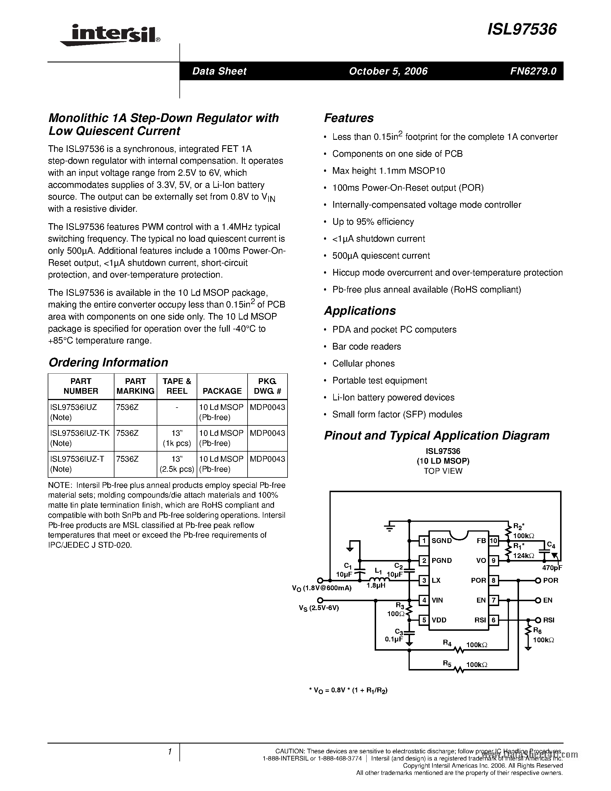 Datasheet ISL97536 page 1 Datasheet ISL97536 - Monolithic 1A Step-Down Regulator page 1