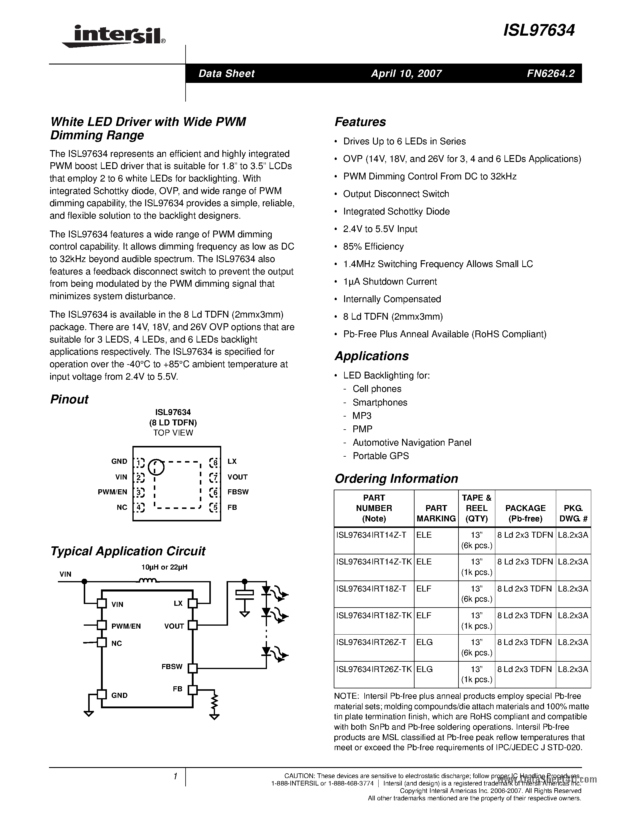 Datasheet ISL97634 page 1 Datasheet ISL97634 - White LED Driver page 1