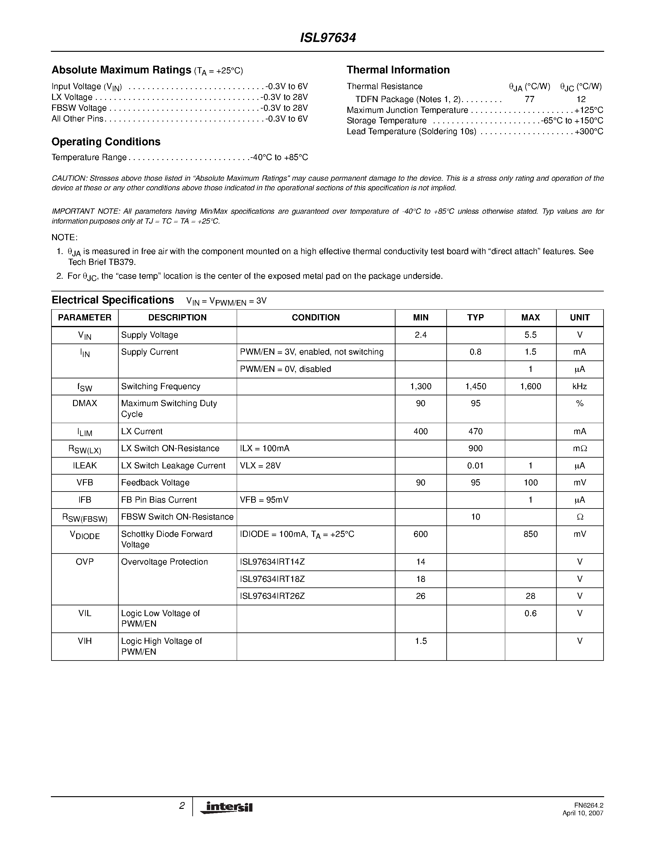 Datasheet ISL97634 page 2 Datasheet ISL97634 - White LED Driver page 2
