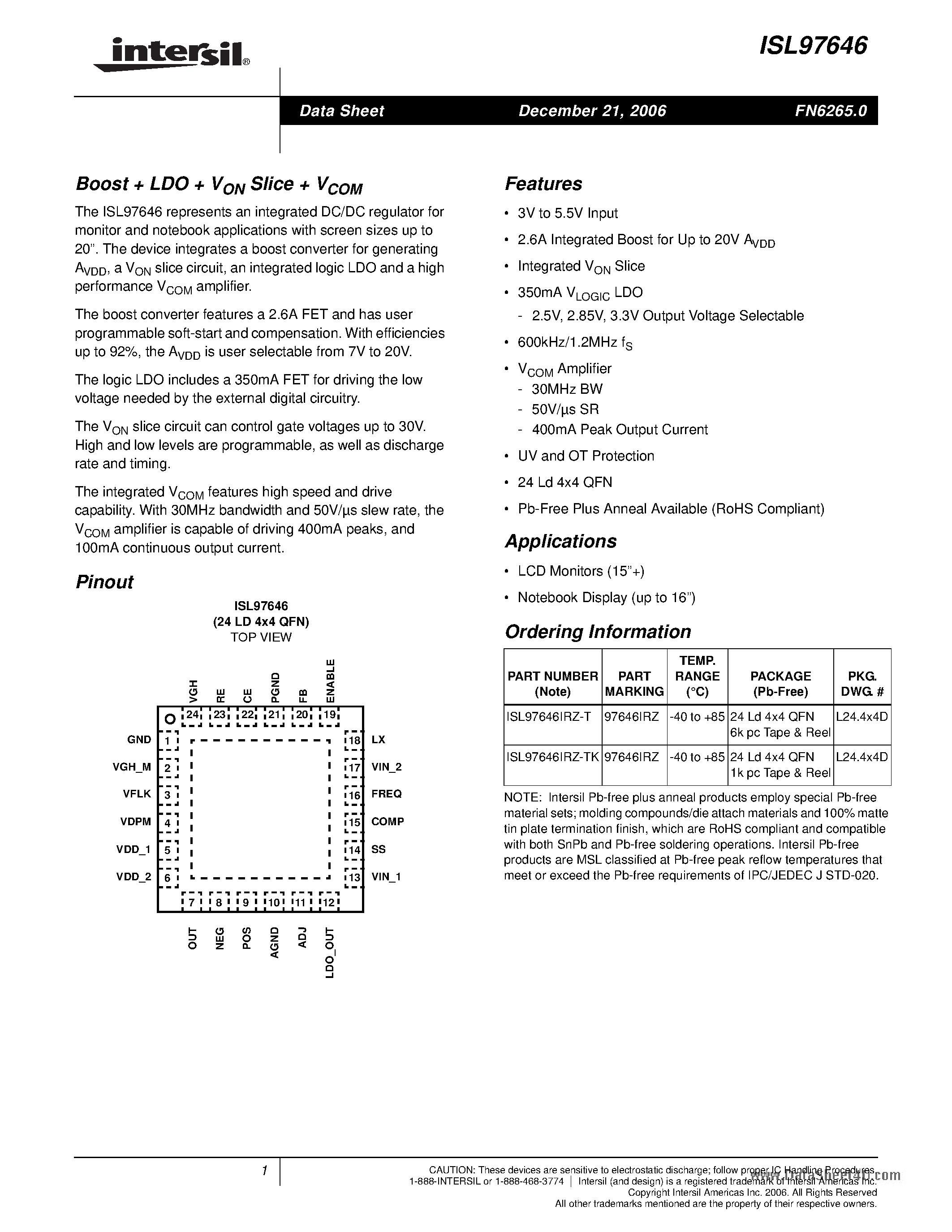 Datasheet ISL97646 page 1 Datasheet ISL97646 - Boost + LDO + VON Slice + VCOM page 1