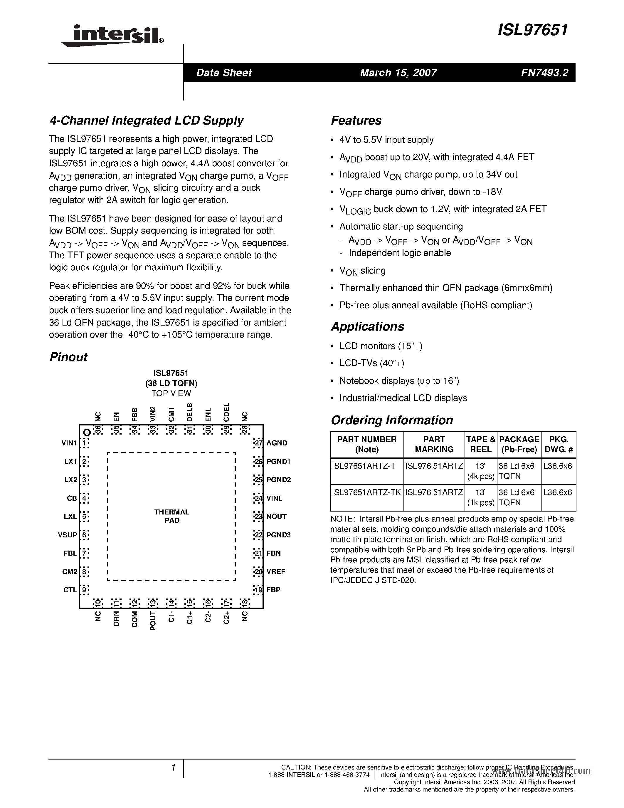 Даташит на микросхему ISL97651 страница 1 Даташит ISL97651 - 4-Channel Integrated LCD Supply страница 1