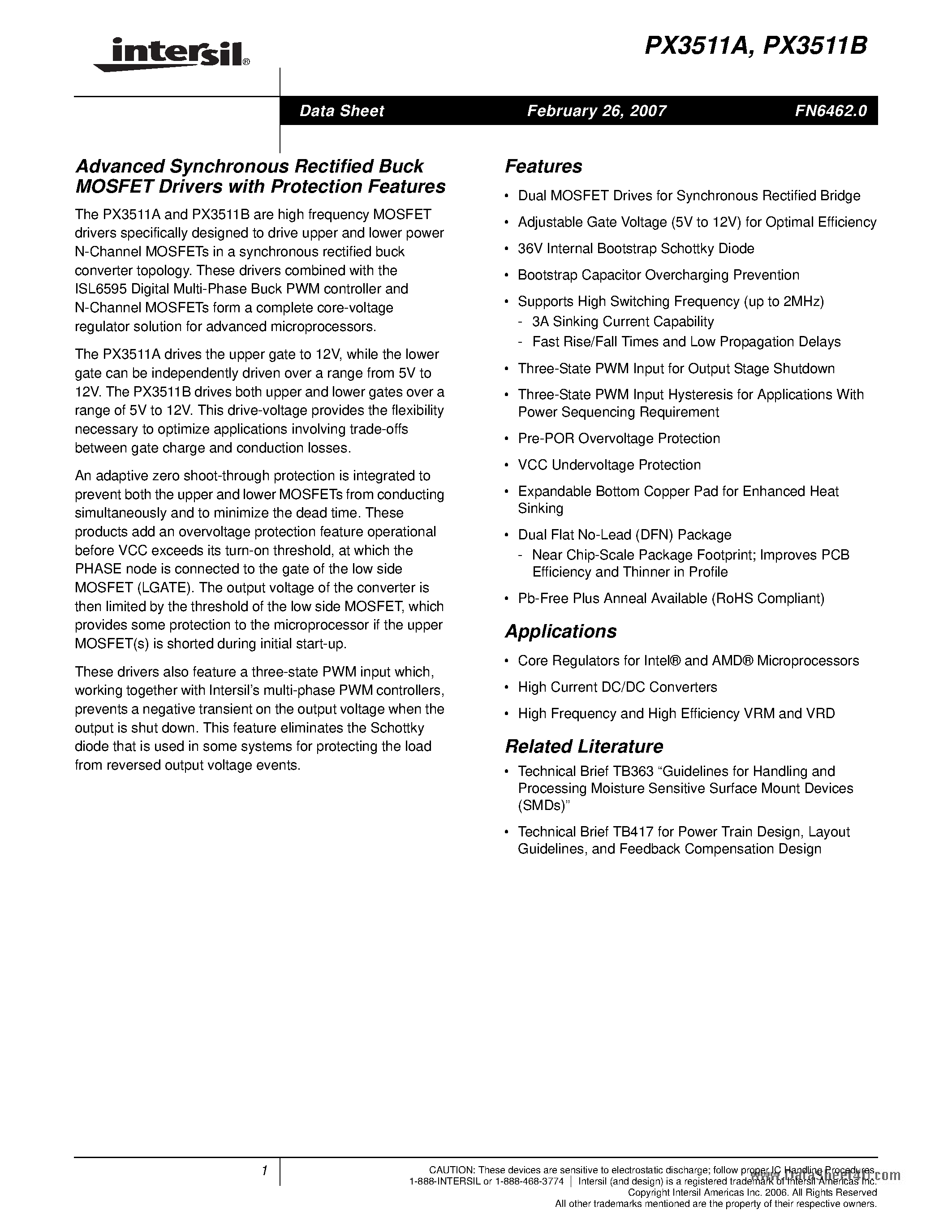 Даташит PX3511A - Advanced Synchronous Rectified Buck MOSFET Drivers страница 1