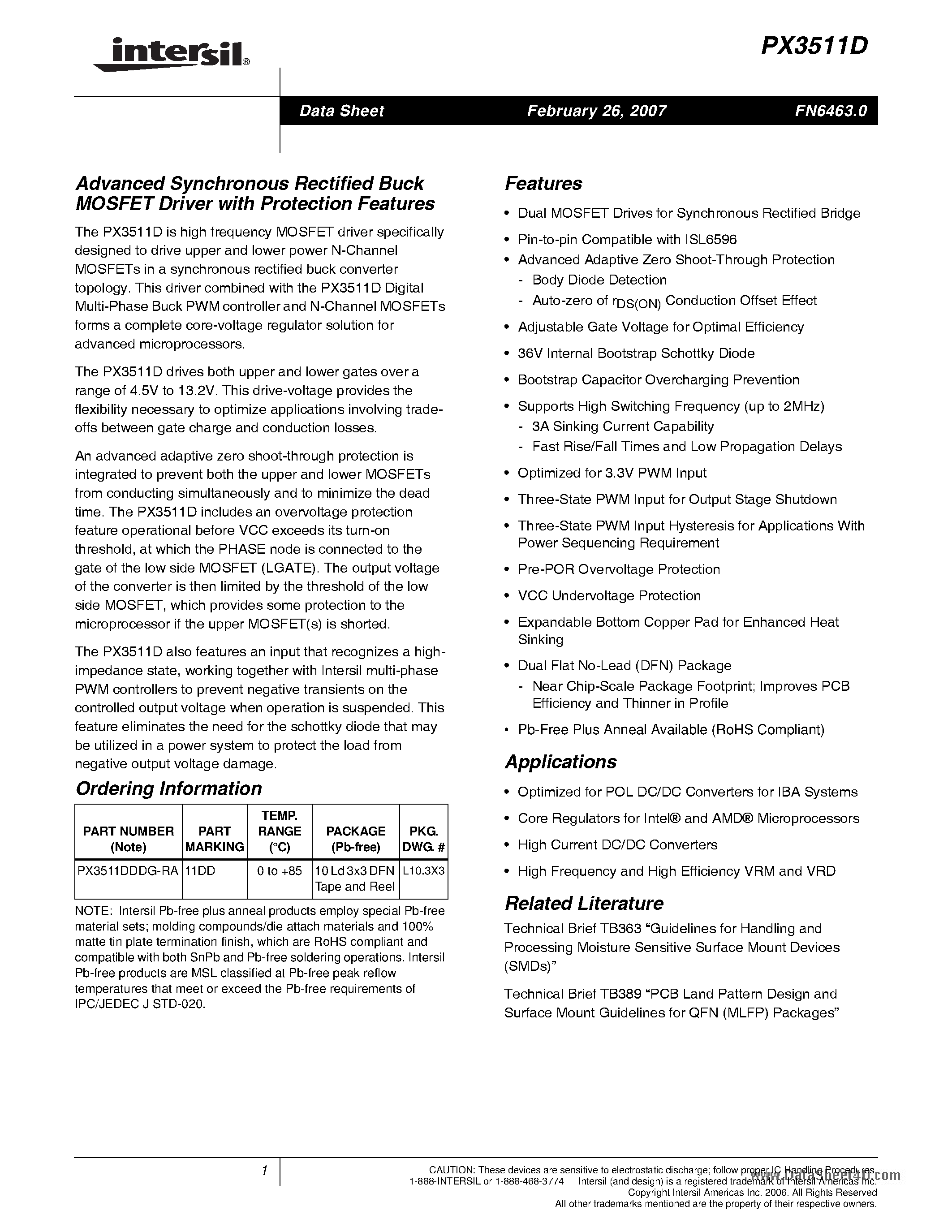 Datasheet PX3511D page 1 Datasheet PX3511D - Advanced Synchronous Rectified Buck MOSFET Driver page 1
