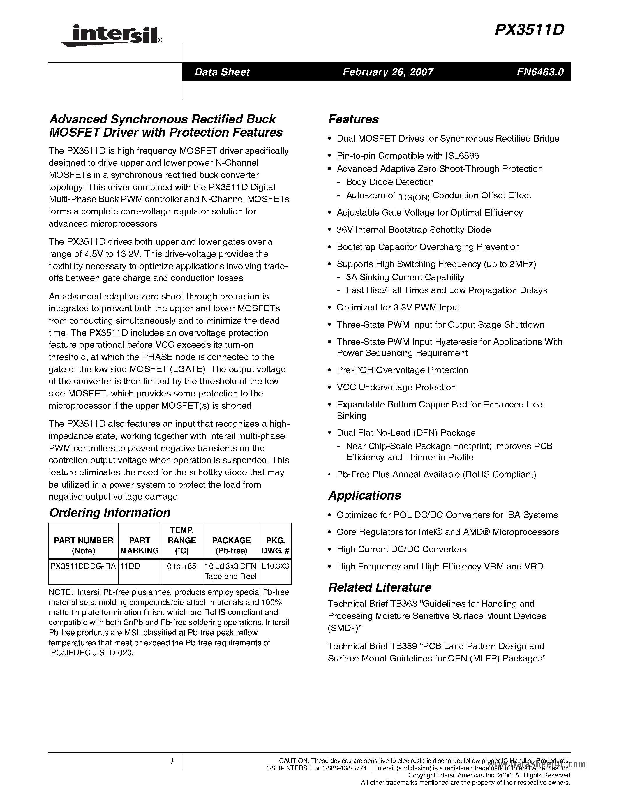 Datasheet PX3511D - Advanced Synchronous Rectified Buck MOSFET Driver page 1